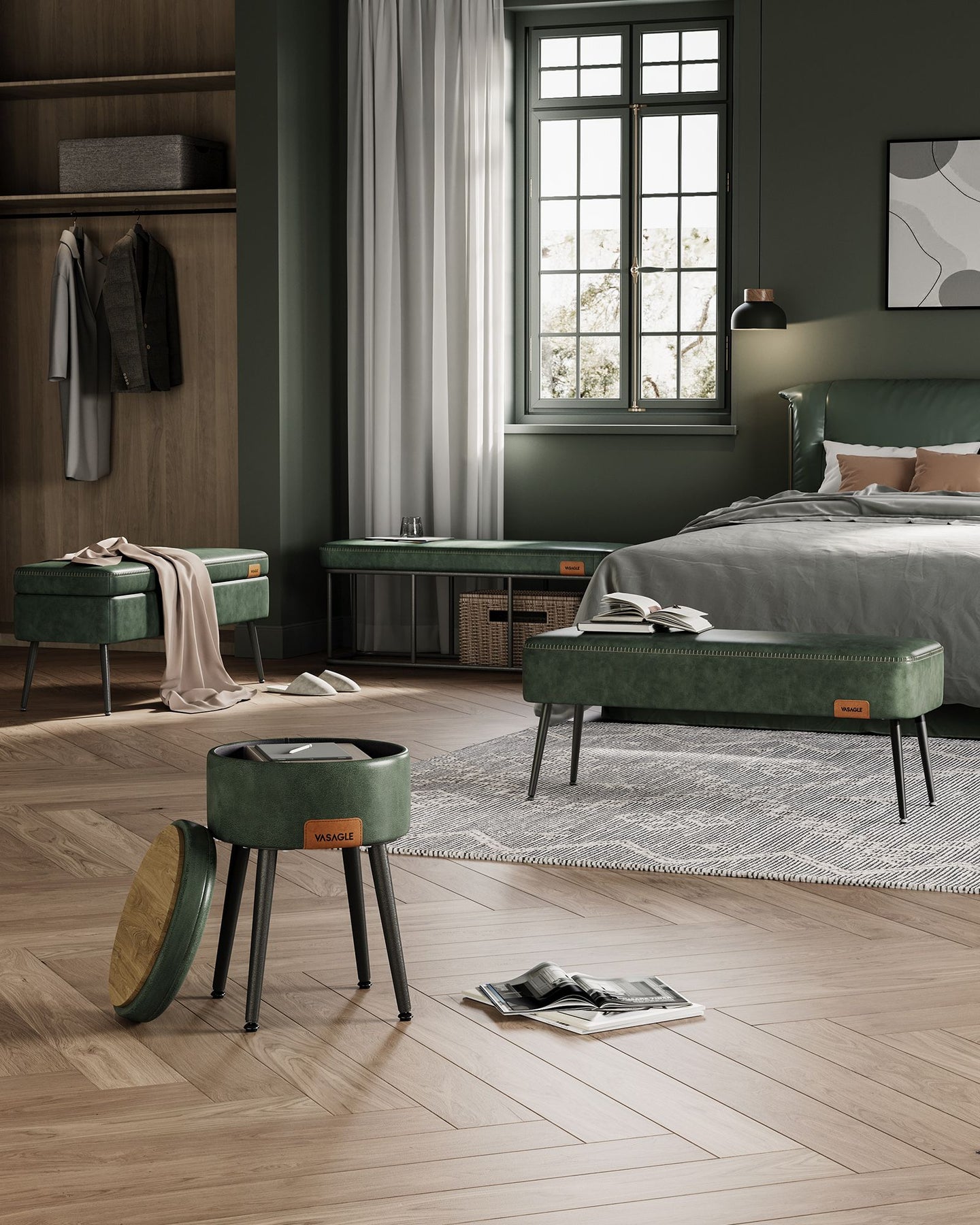 Ottoman Bench - Synthetic Leather - Forest Green - Load Capacity 300 kg