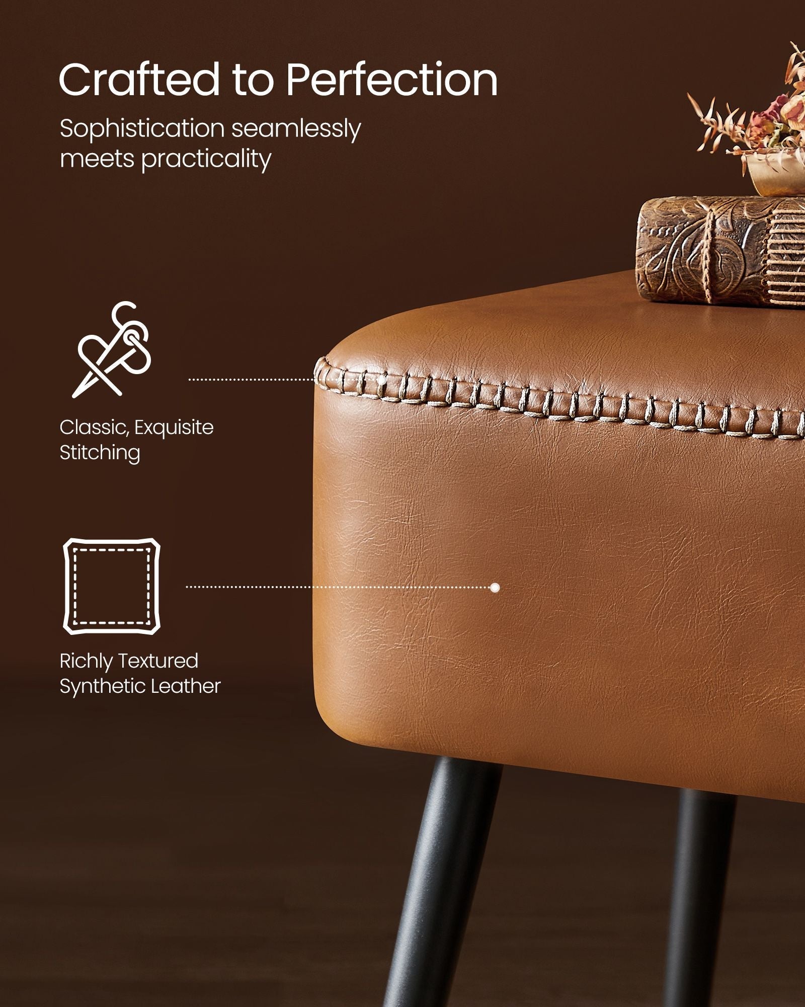 Ottoman Bench - Synthetic Leather - Caramel Brown - Mid-Century Modern with Steel Legs