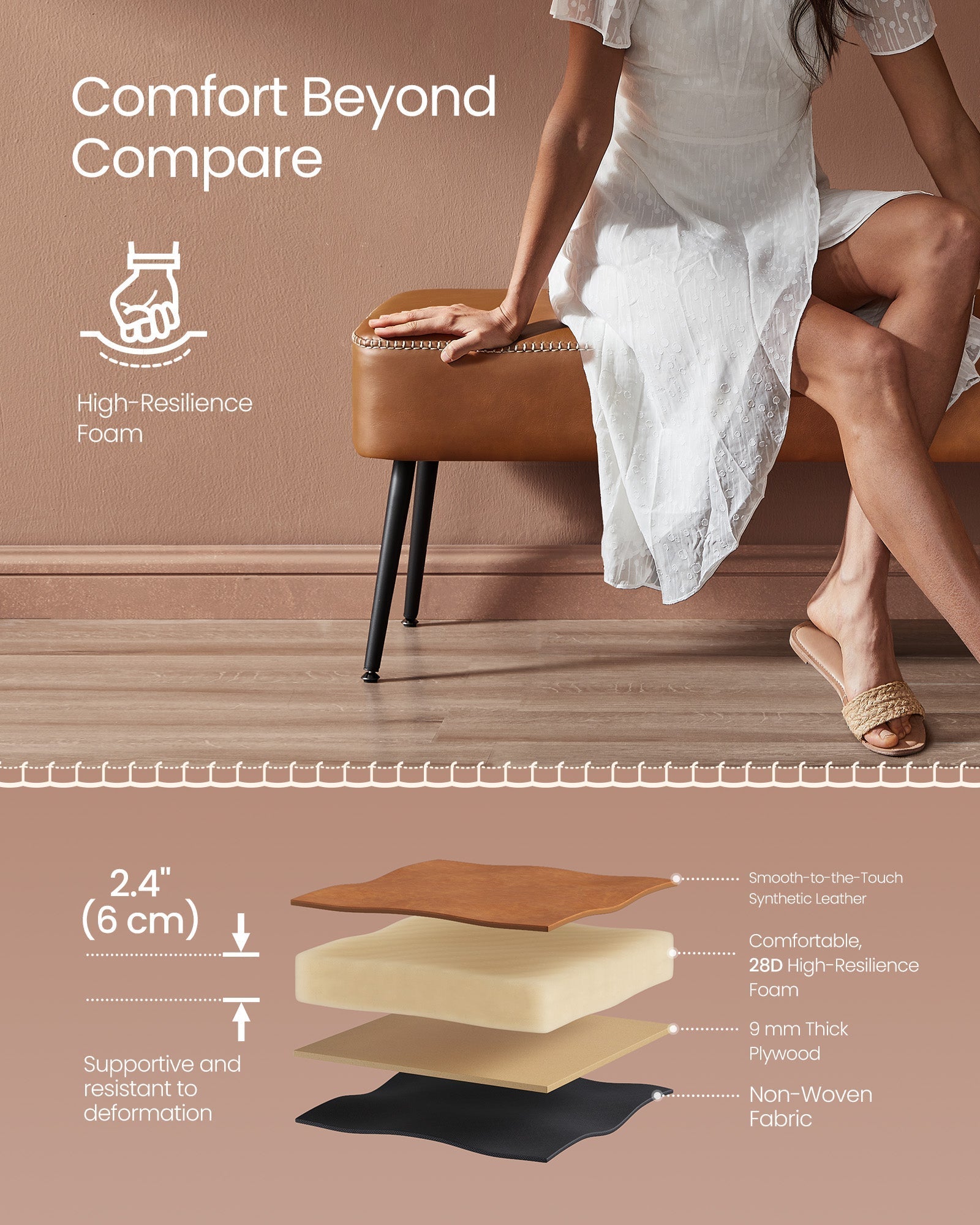 Ottoman Bench - Synthetic Leather - Caramel Brown - Mid-Century Modern with Steel Legs