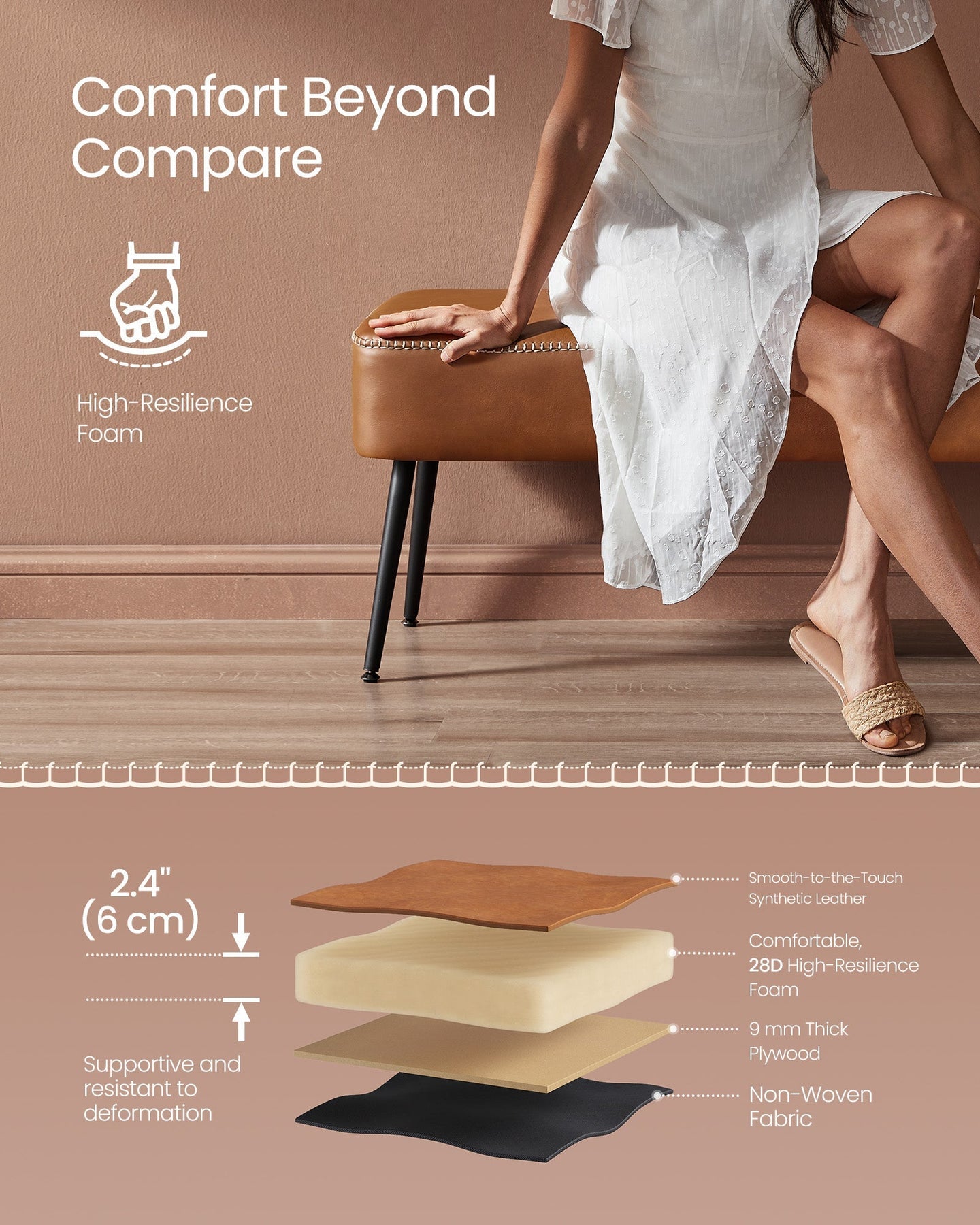 Ottoman Bench - Synthetic Leather - Caramel Brown - Mid-Century Modern with Steel Legs