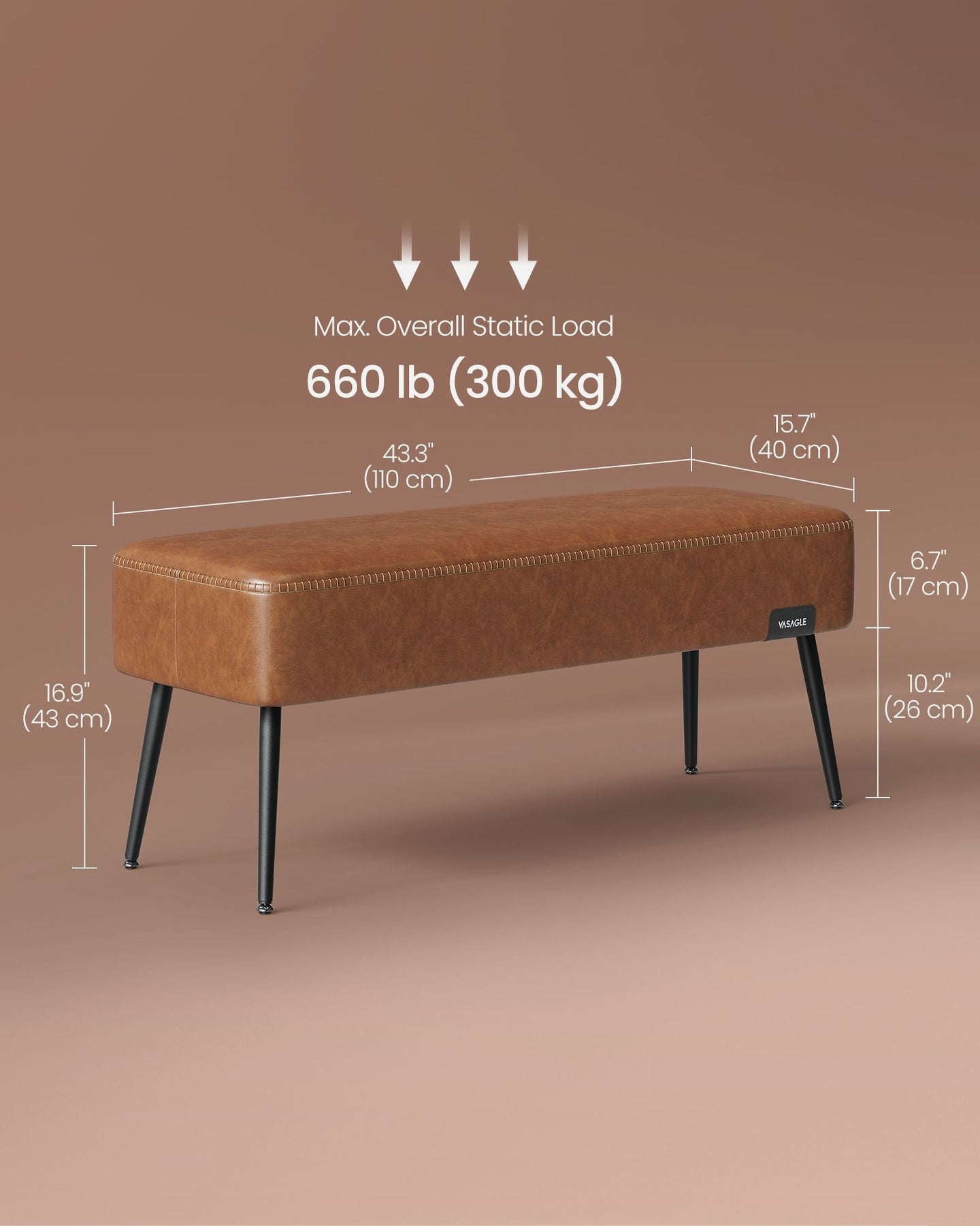 Ottoman Bench - Synthetic Leather - Caramel Brown - Mid-Century Modern with Steel Legs