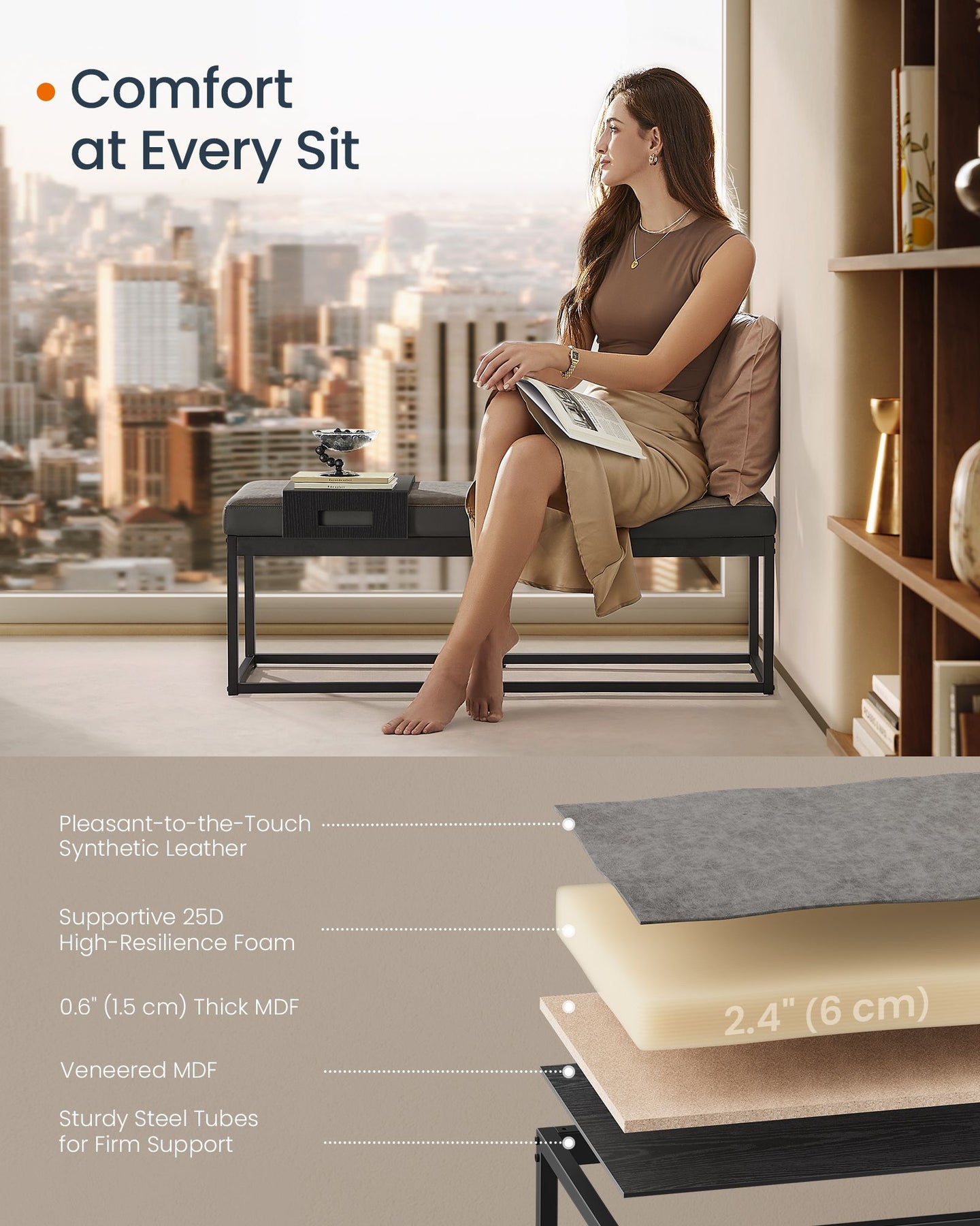 Ottoman Bench - Fabric - Dove Grey - Stylish End of Bed Seating