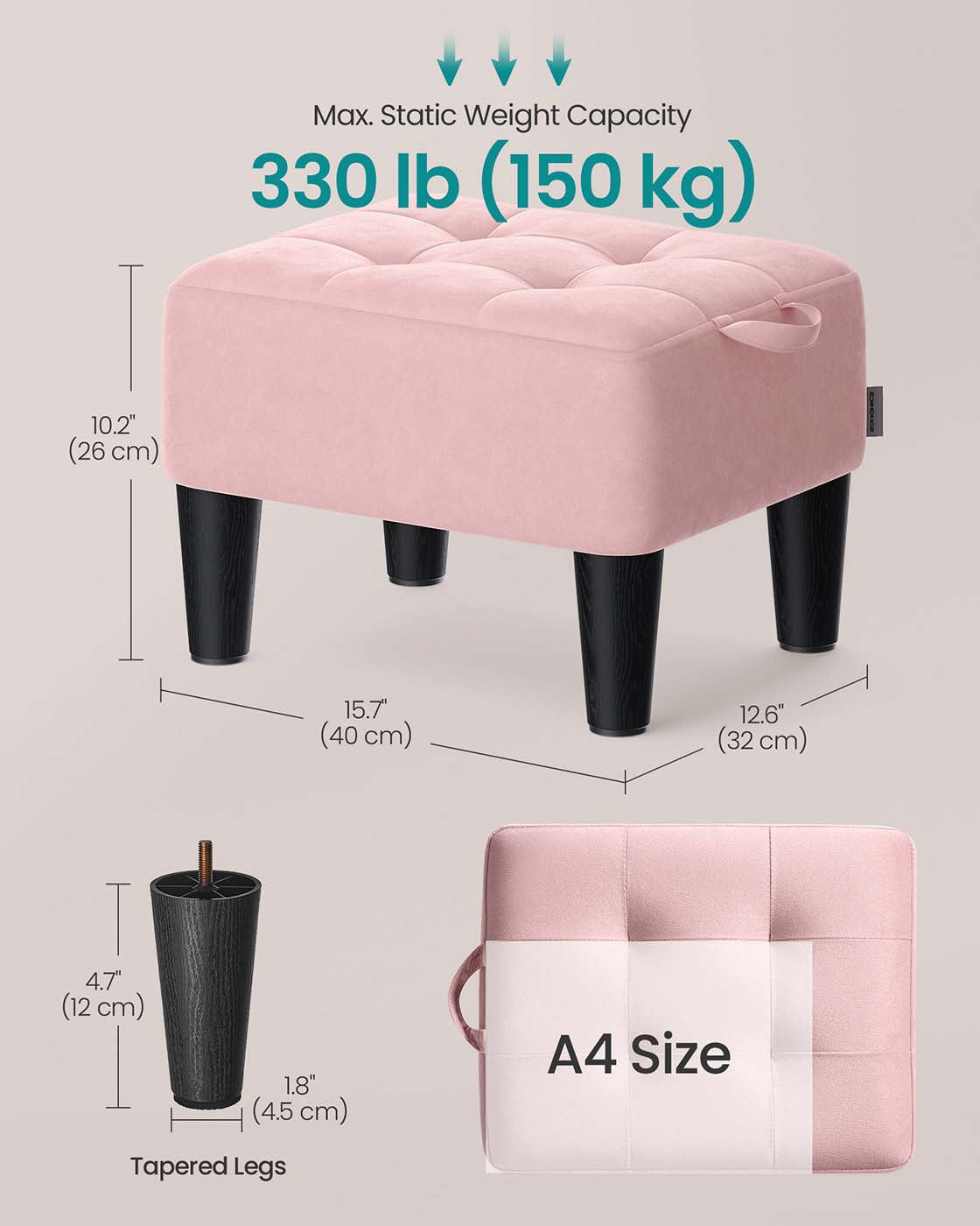 Ottoman Footstool - Velvet - Pastel Pink - Thick Cushion