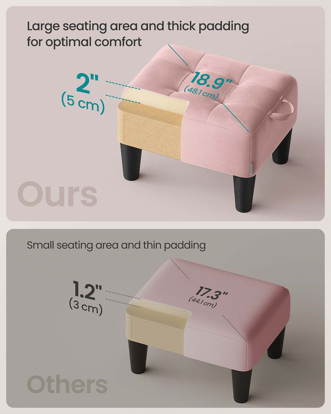 Ottoman Footstool - Velvet - Pastel Pink - Thick Cushion