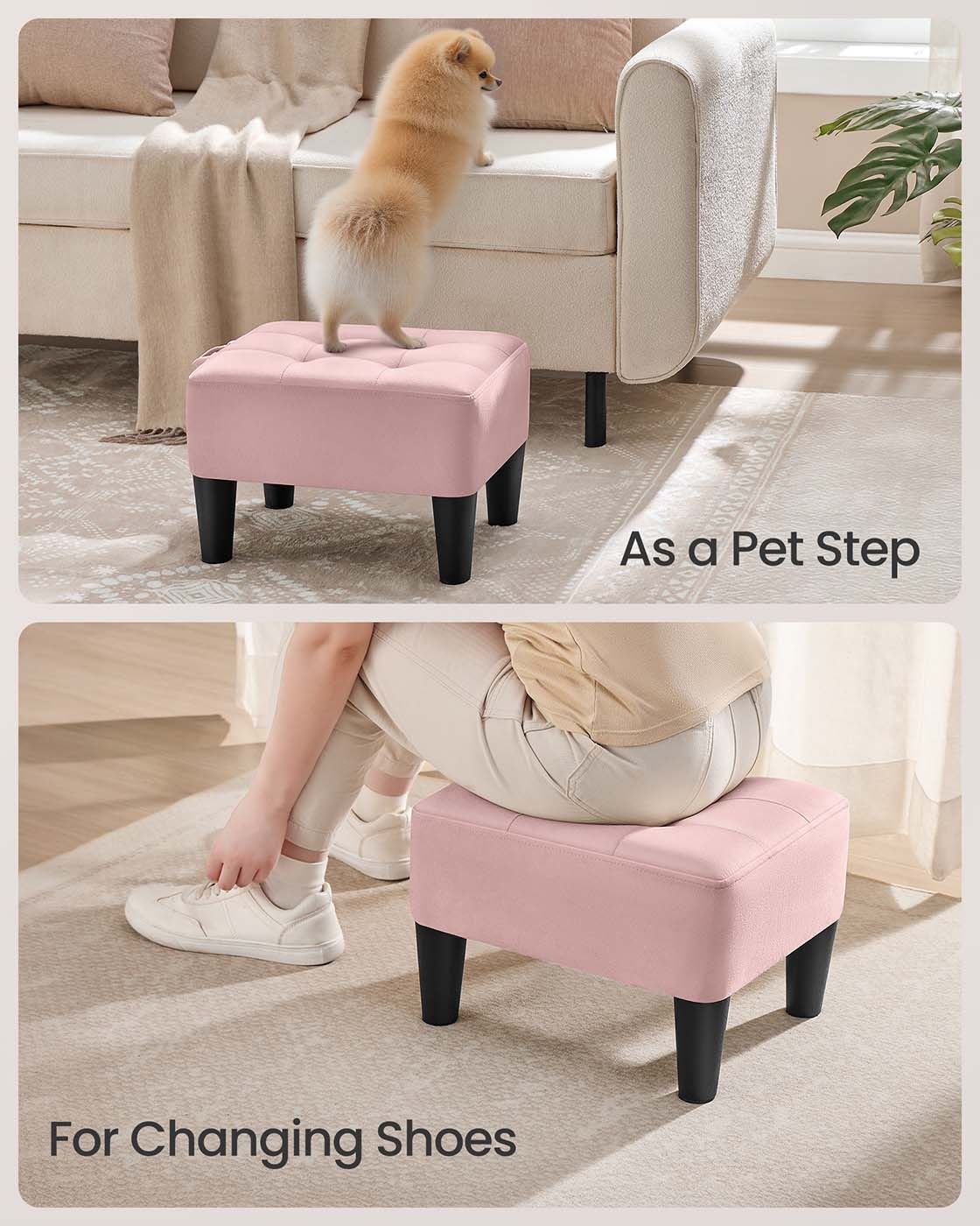 Ottoman Footstool - Velvet - Pastel Pink - Thick Cushion