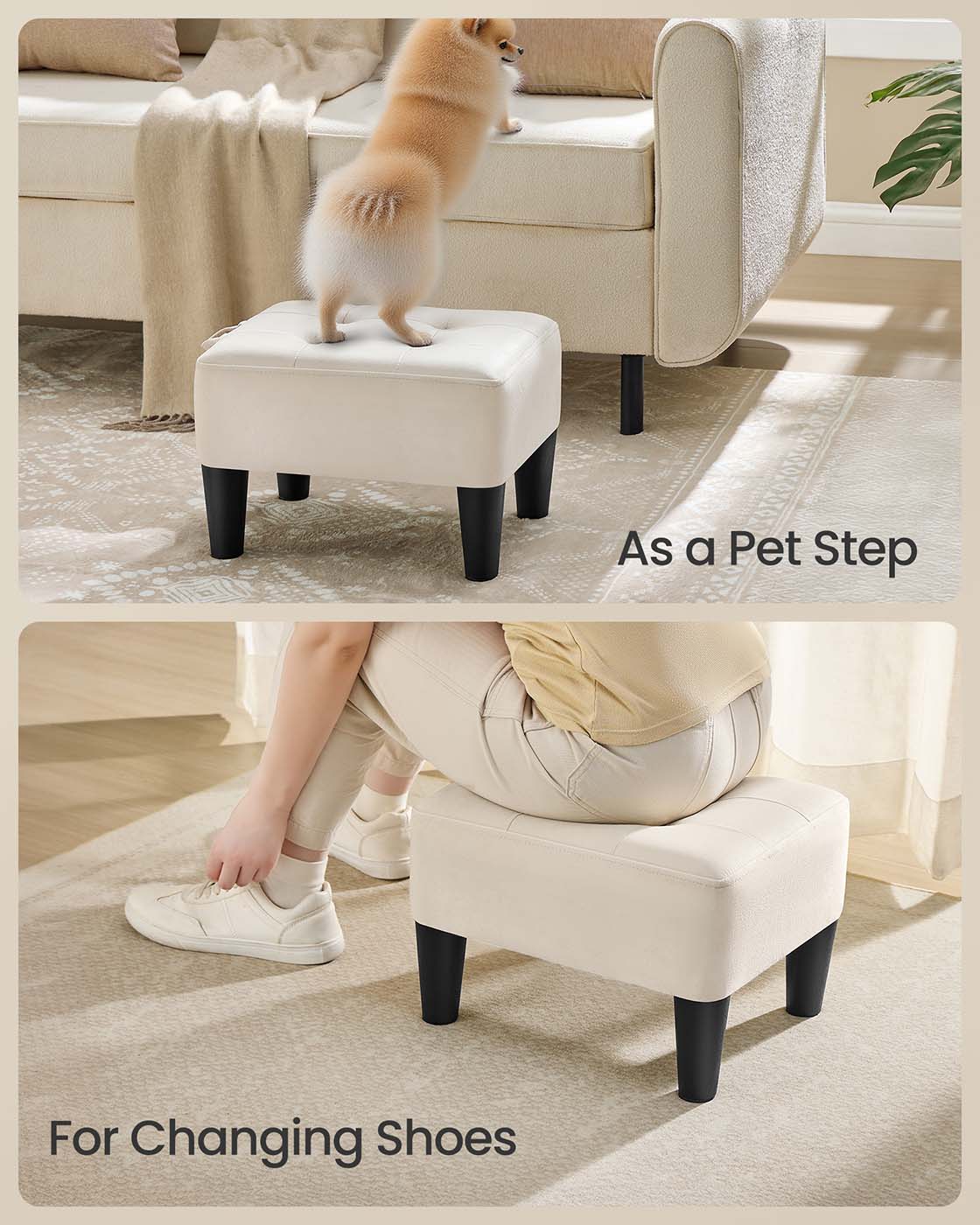 Velvet Ottoman Footstool - 150 kg Weight Capacity - Cappuccino Beige - Thick Cushion