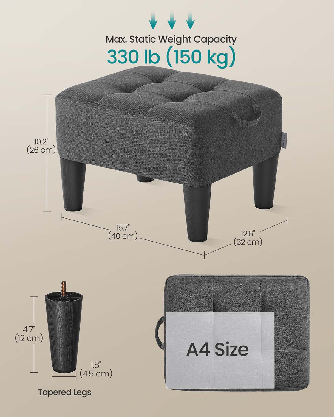 Ottoman Footstool - Linen-Look Fabric - Slate Grey and Ink Black - Thick Cushion