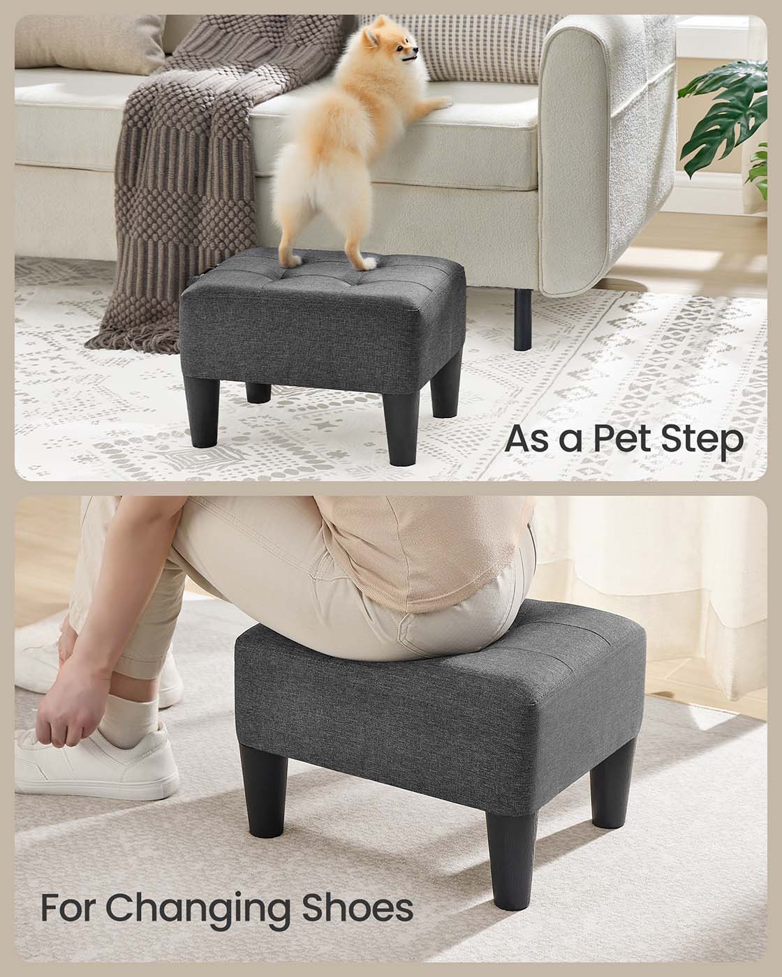 Ottoman Footstool - Linen-Look Fabric - Slate Grey and Ink Black - Thick Cushion
