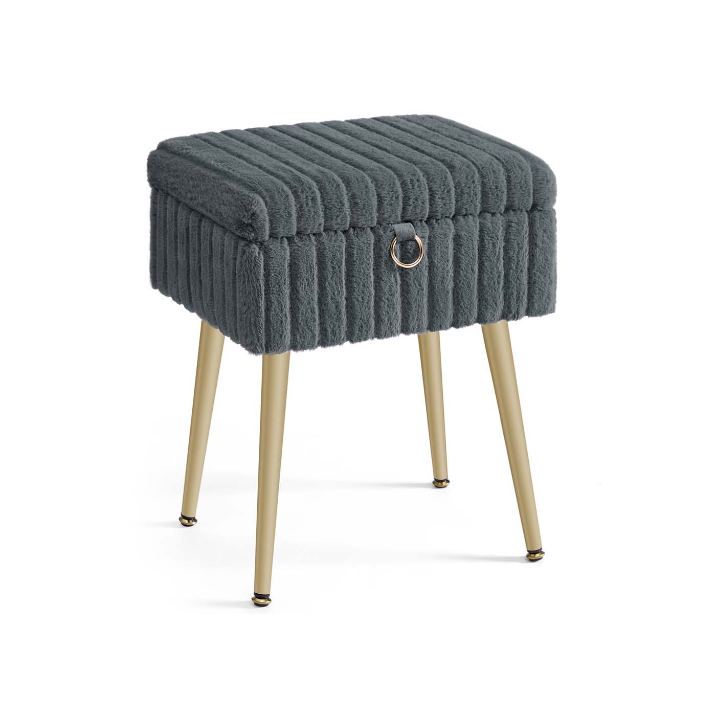 Vanity Stool - Wood - Slate Grey - Storage with Adjustable Feet