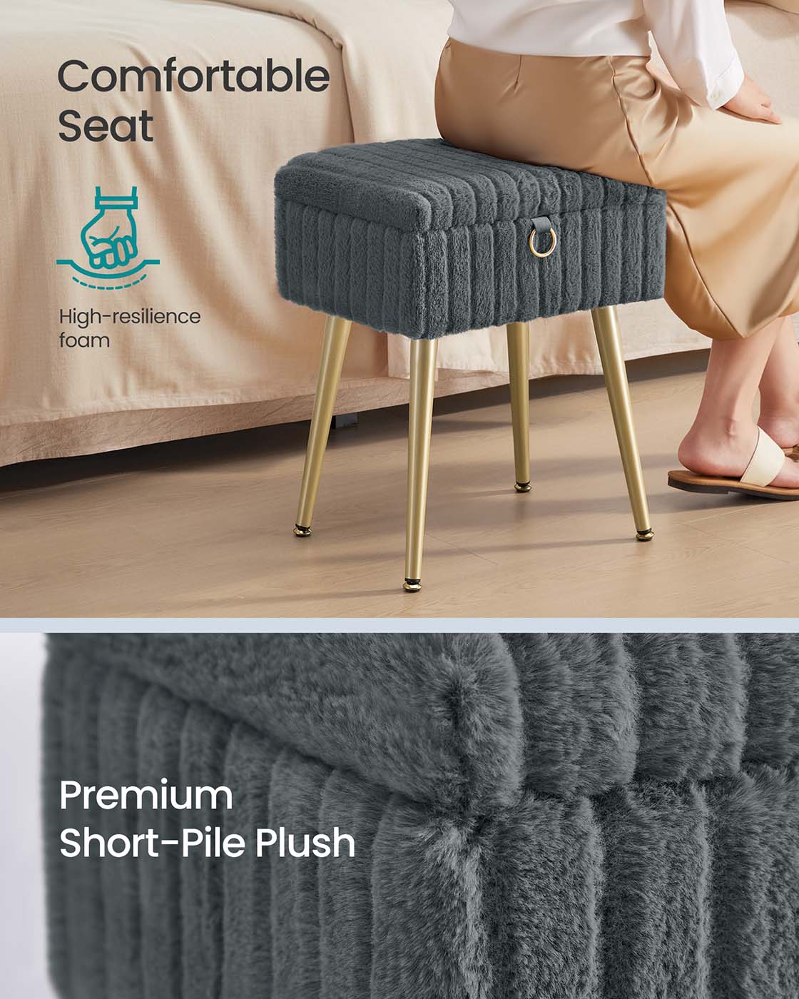 Vanity Stool - Wood - Slate Grey - Storage with Adjustable Feet