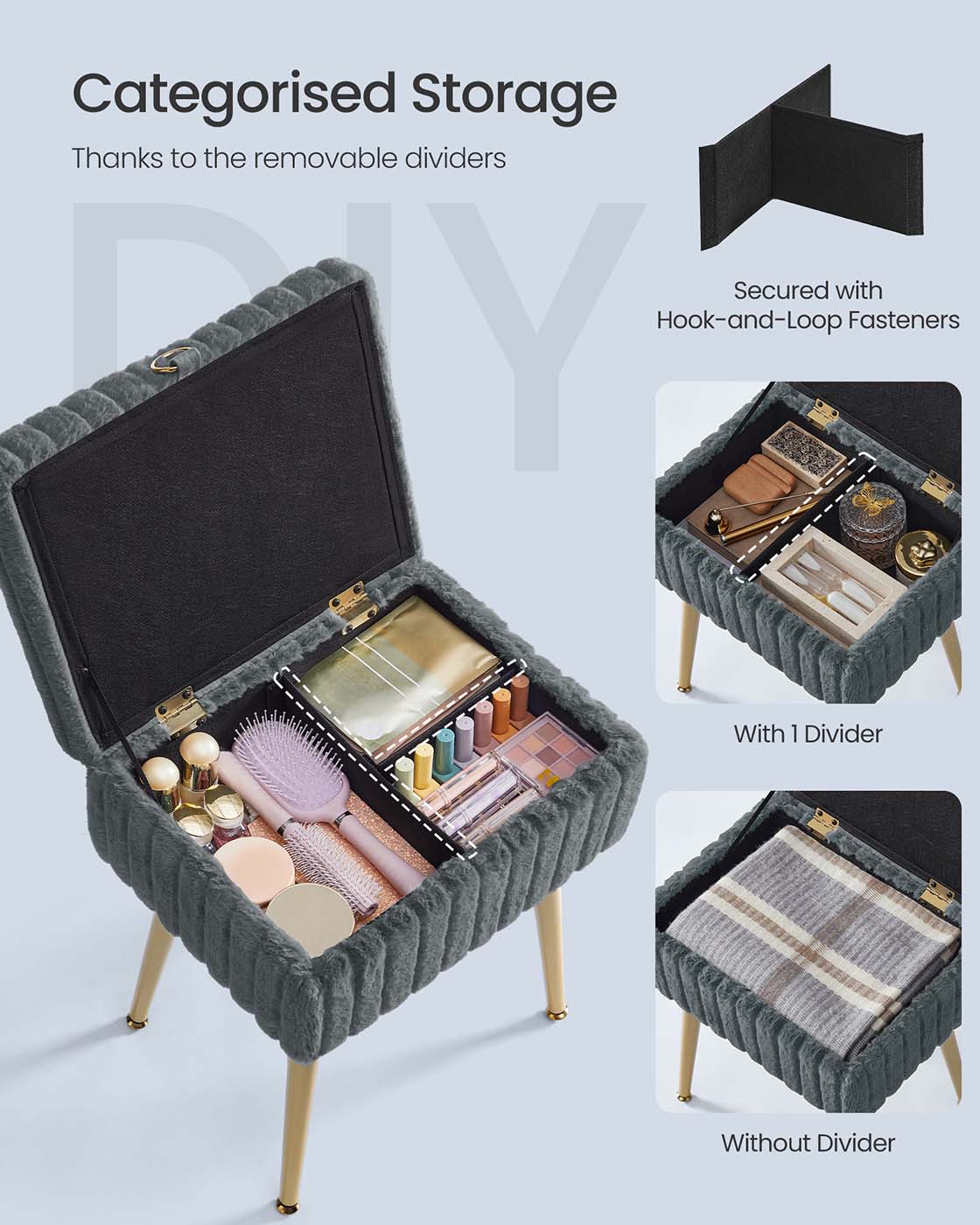 Vanity Stool - Wood - Slate Grey - Storage with Adjustable Feet