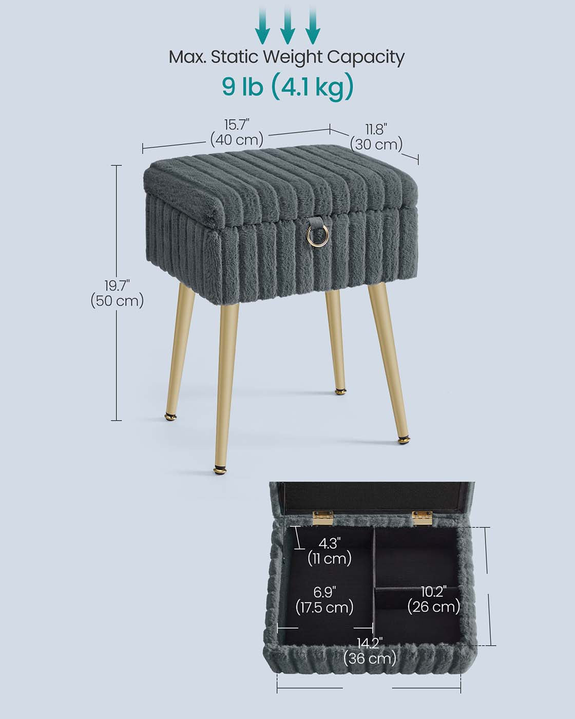 Vanity Stool - Wood - Slate Grey - Storage with Adjustable Feet