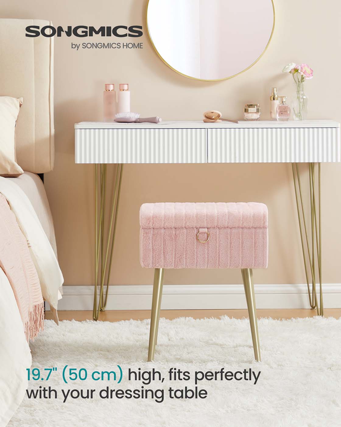 Vanity Stool - Wood - Slate Grey - Storage with Adjustable Feet