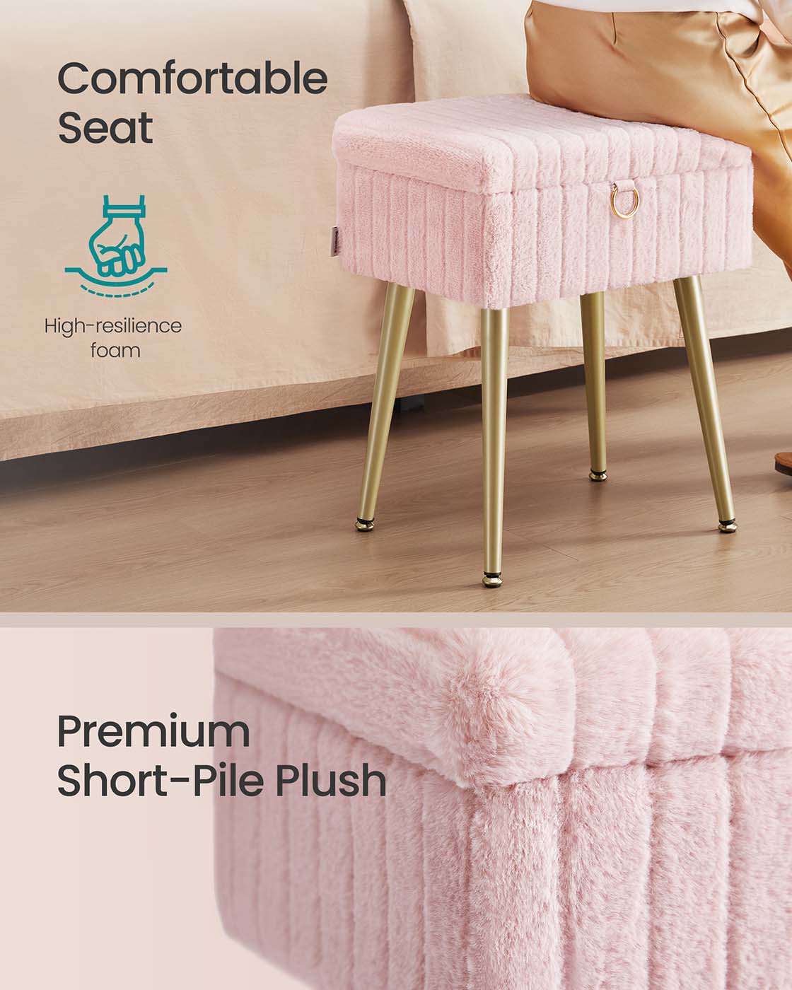 Vanity Stool - Wood - Slate Grey - Storage with Adjustable Feet
