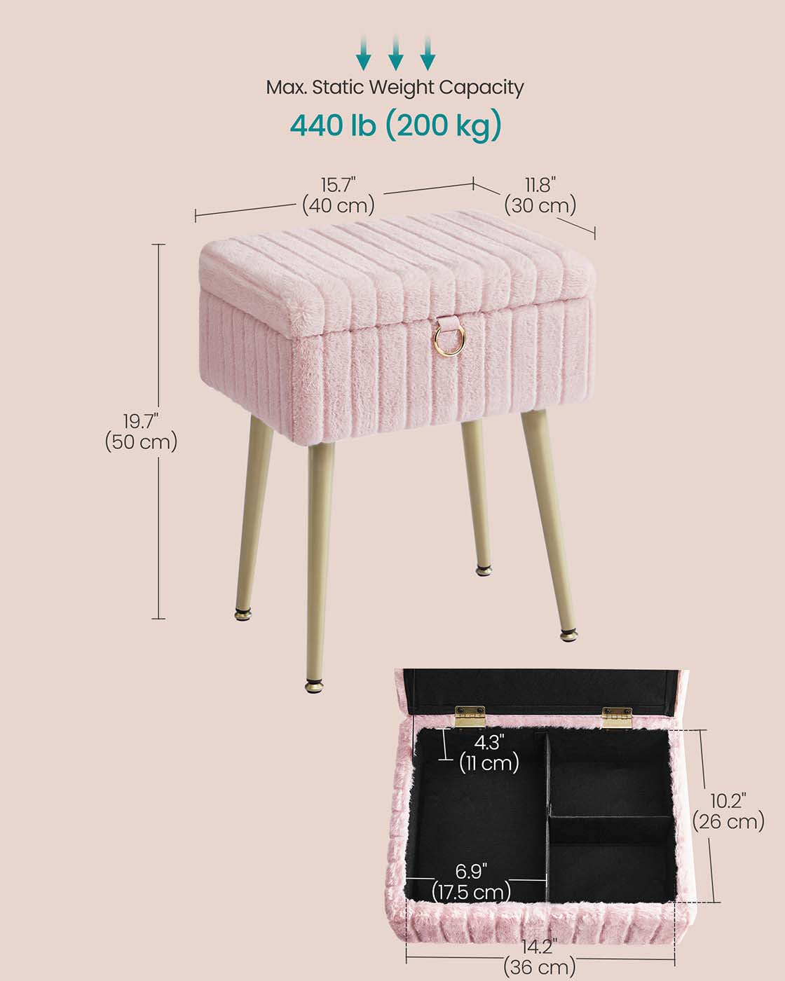 Vanity Stool - Wood - Slate Grey - Storage with Adjustable Feet