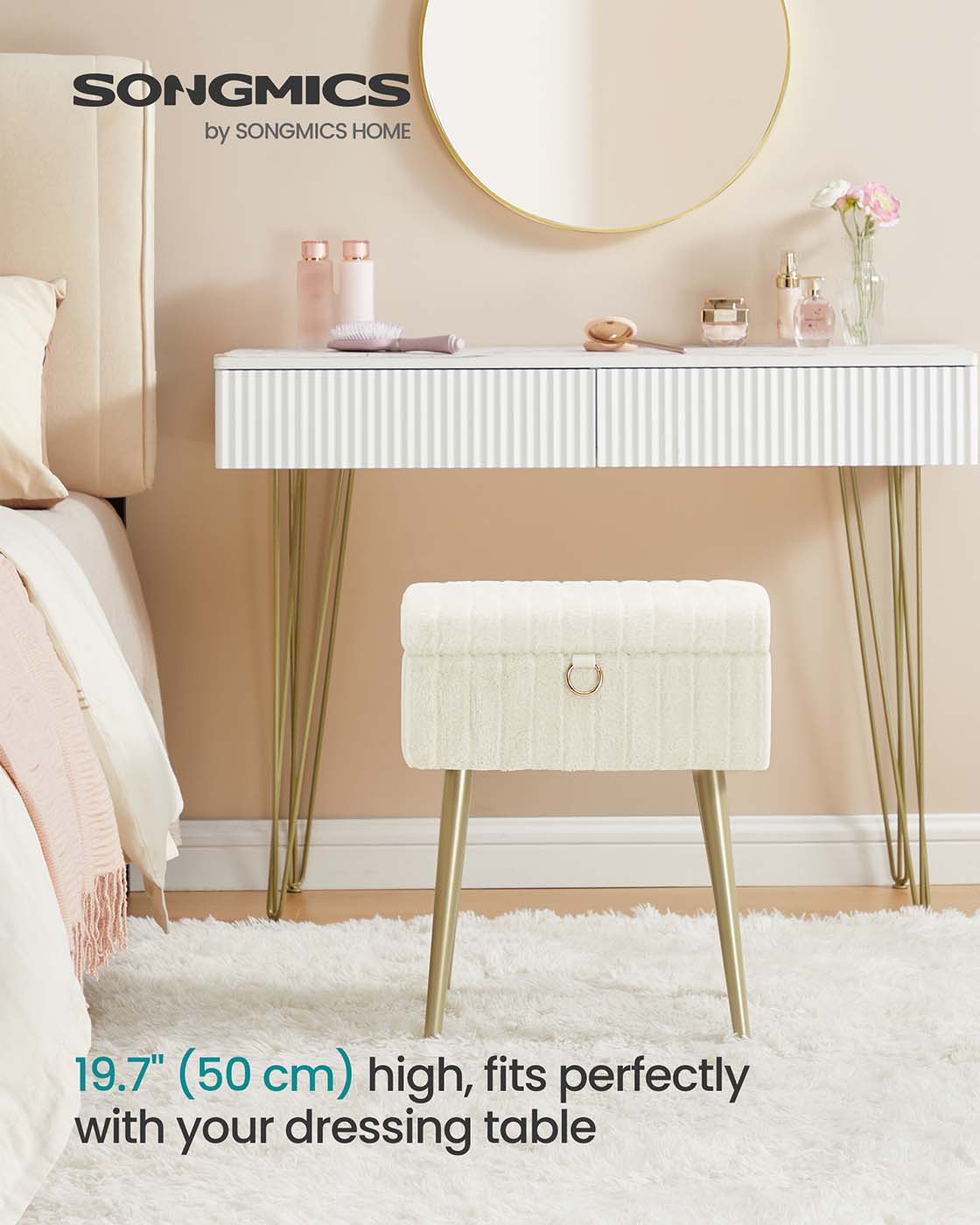 Vanity Stool - Wood - Slate Grey - Storage with Adjustable Feet