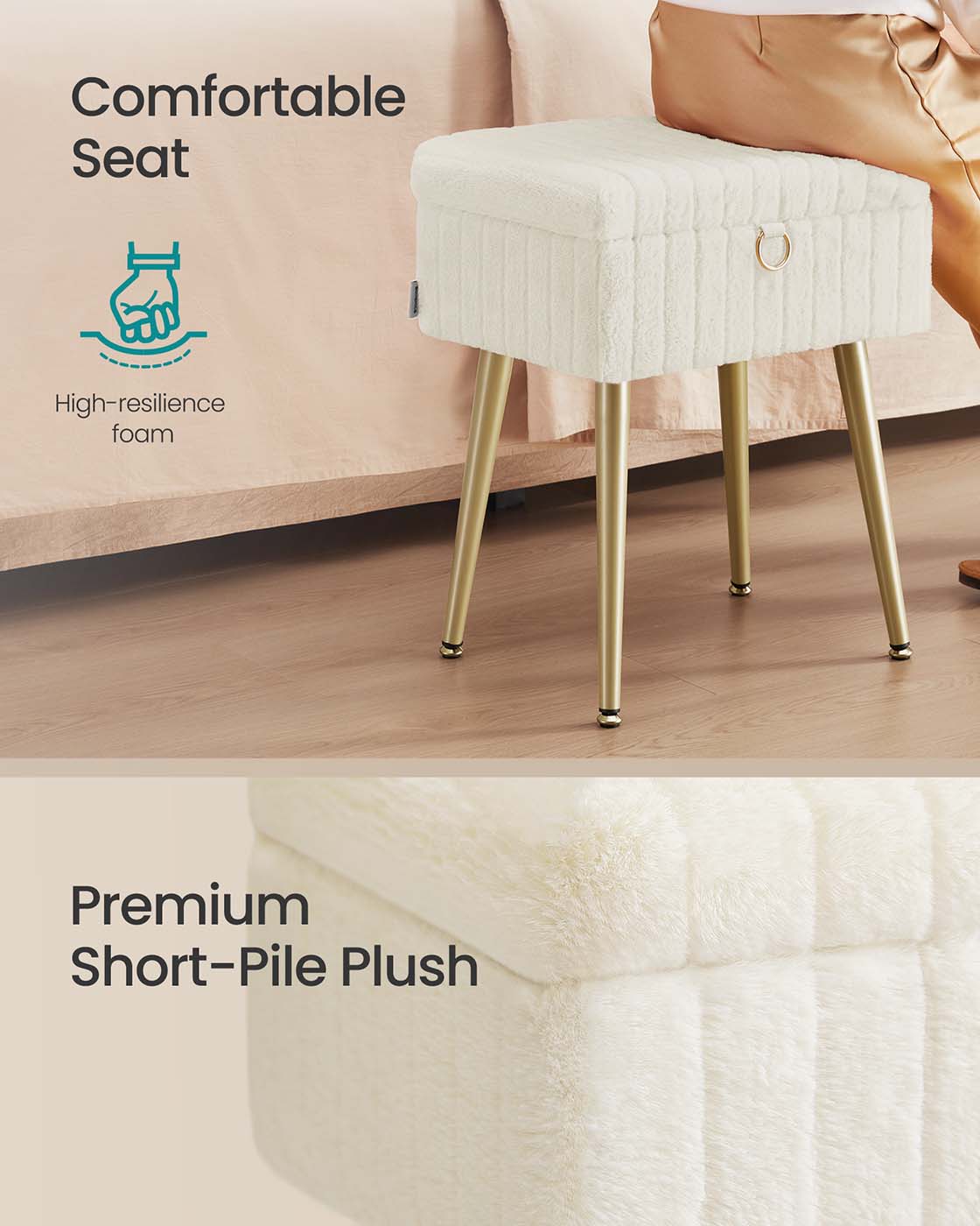 Vanity Stool - Wood - Slate Grey - Storage with Adjustable Feet
