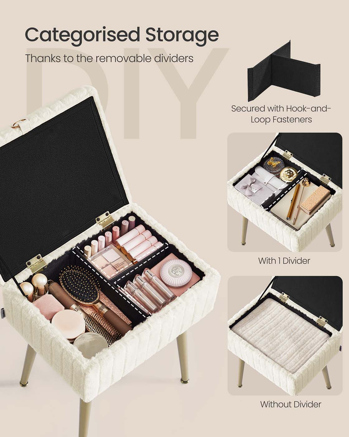 Vanity Stool - Wood - Slate Grey - Storage with Adjustable Feet