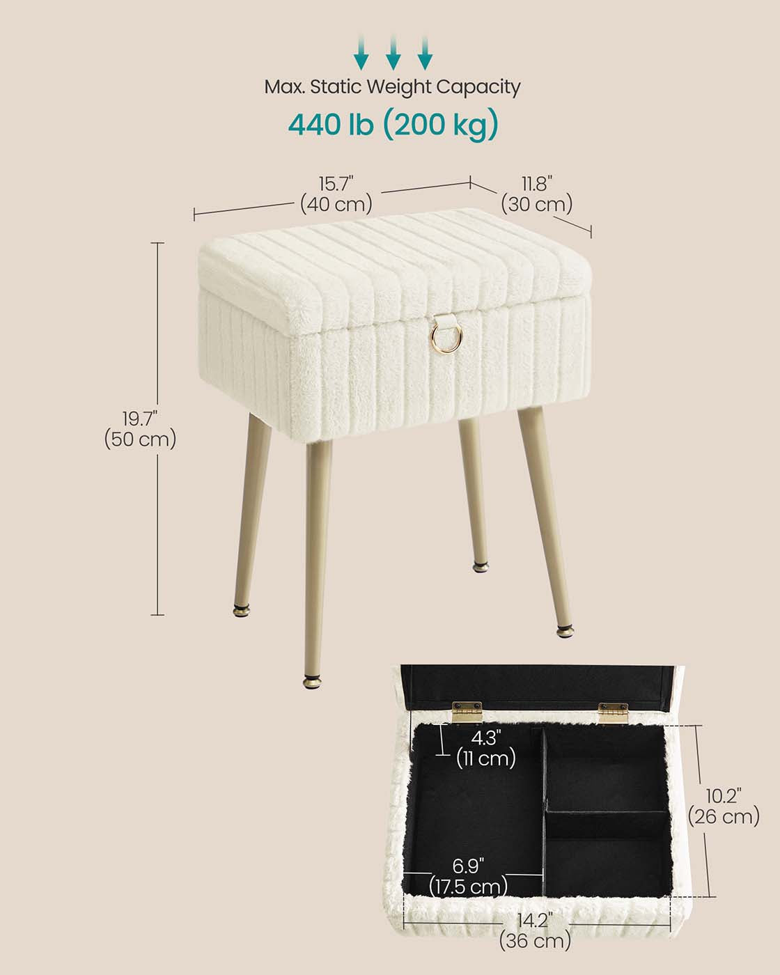 Vanity Stool - Wood - Slate Grey - Storage with Adjustable Feet