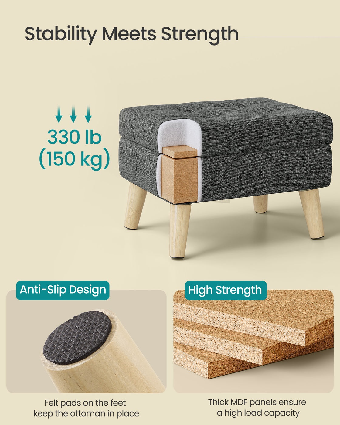 Storage Ottoman - 30L - Linen-Look Fabric - Padded Seat