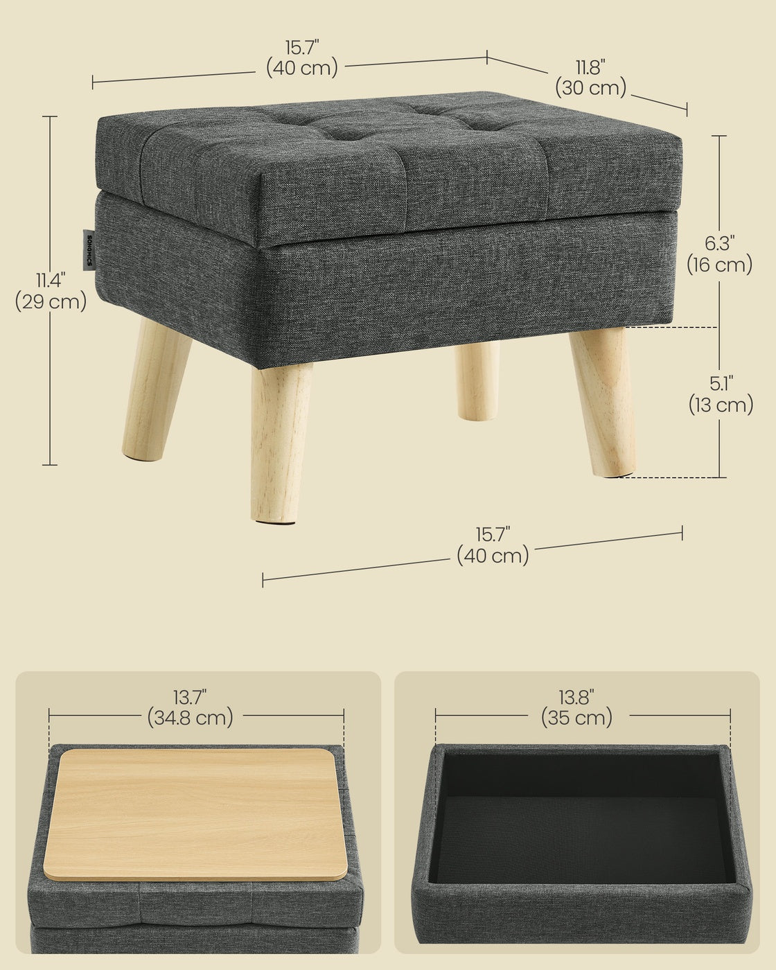 Storage Ottoman - 30L - Linen-Look Fabric - Padded Seat