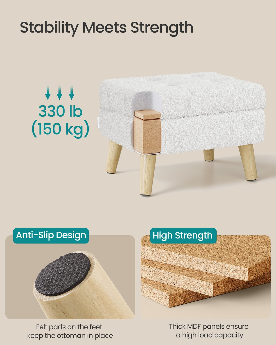 Storage Ottoman - 30L - Rubberwood - Padded Seat