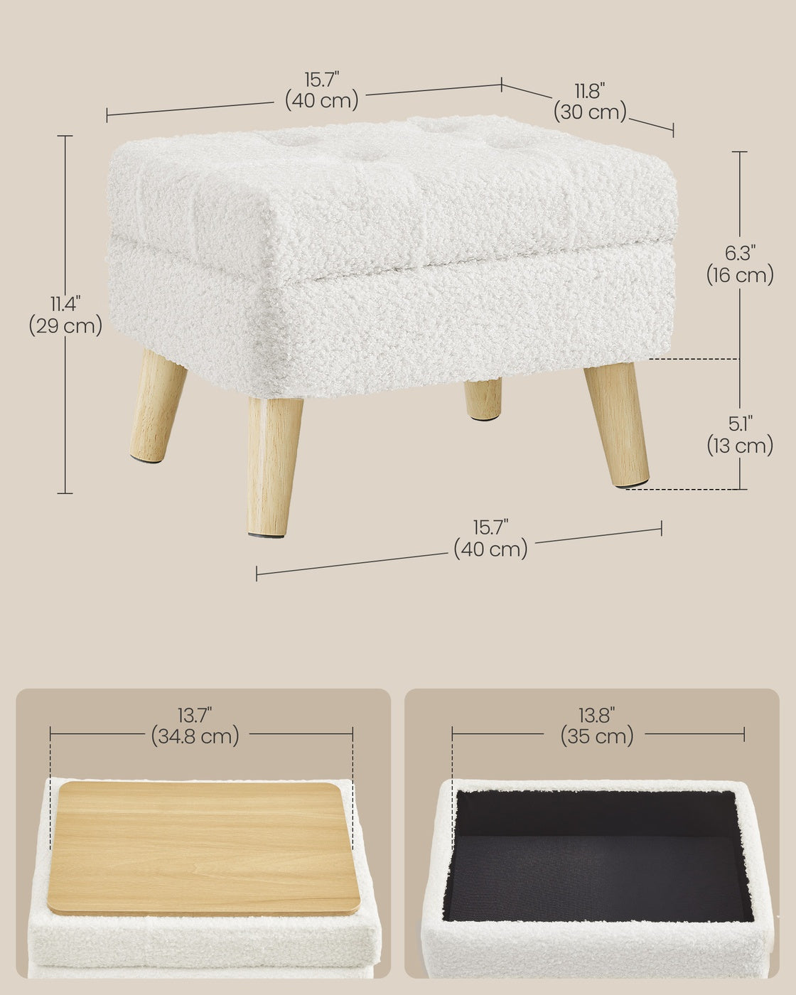 Storage Ottoman - 30L - Rubberwood - Padded Seat