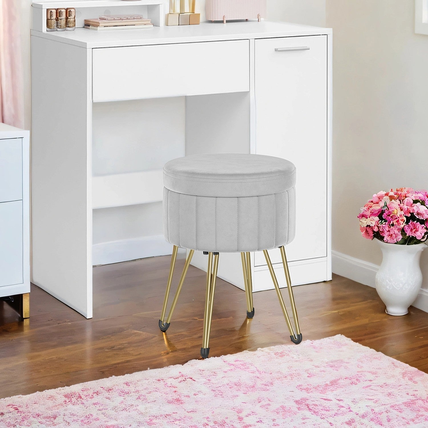 Velvet Makeup Stool - Round with Storage - Ink Black