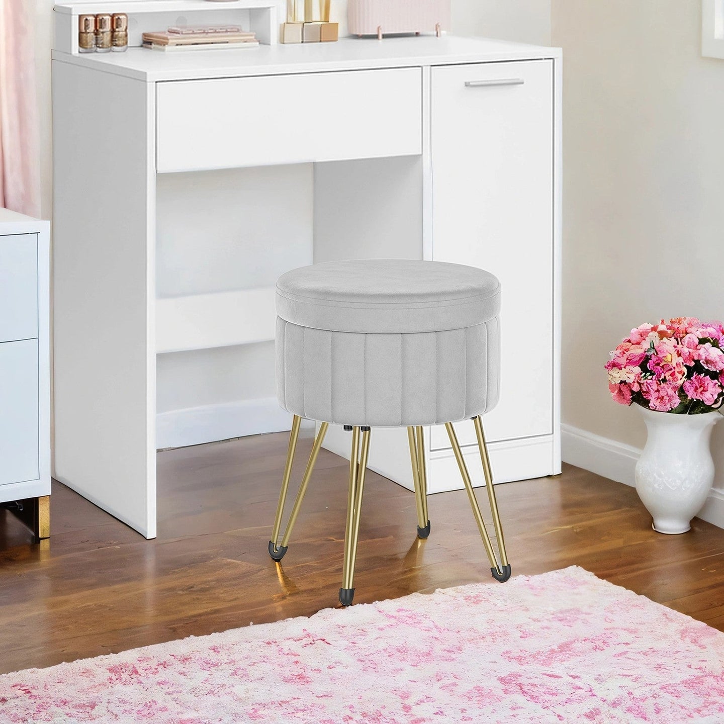 Velvet Makeup Stool - Round with Storage - Ink Black