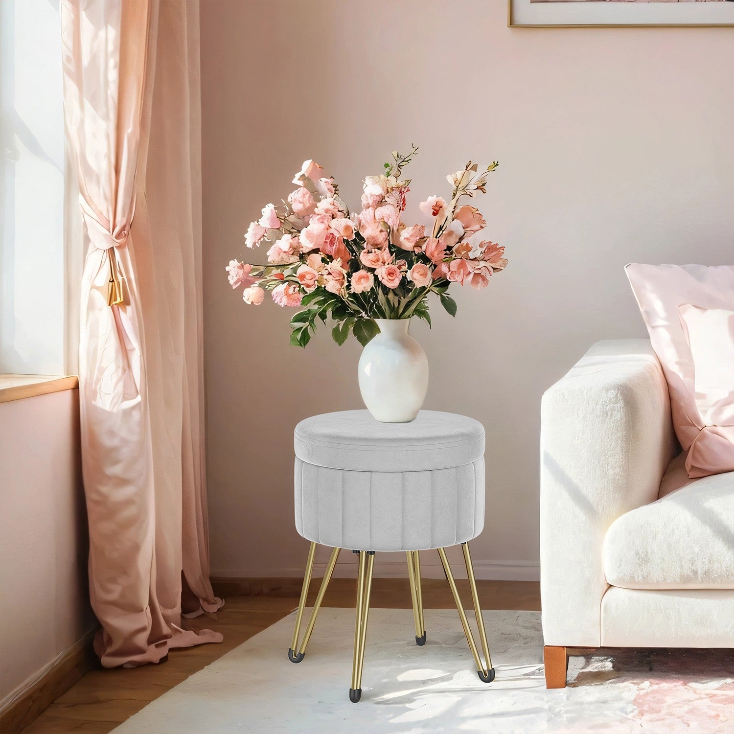 Velvet Makeup Stool - Round with Storage - Ink Black