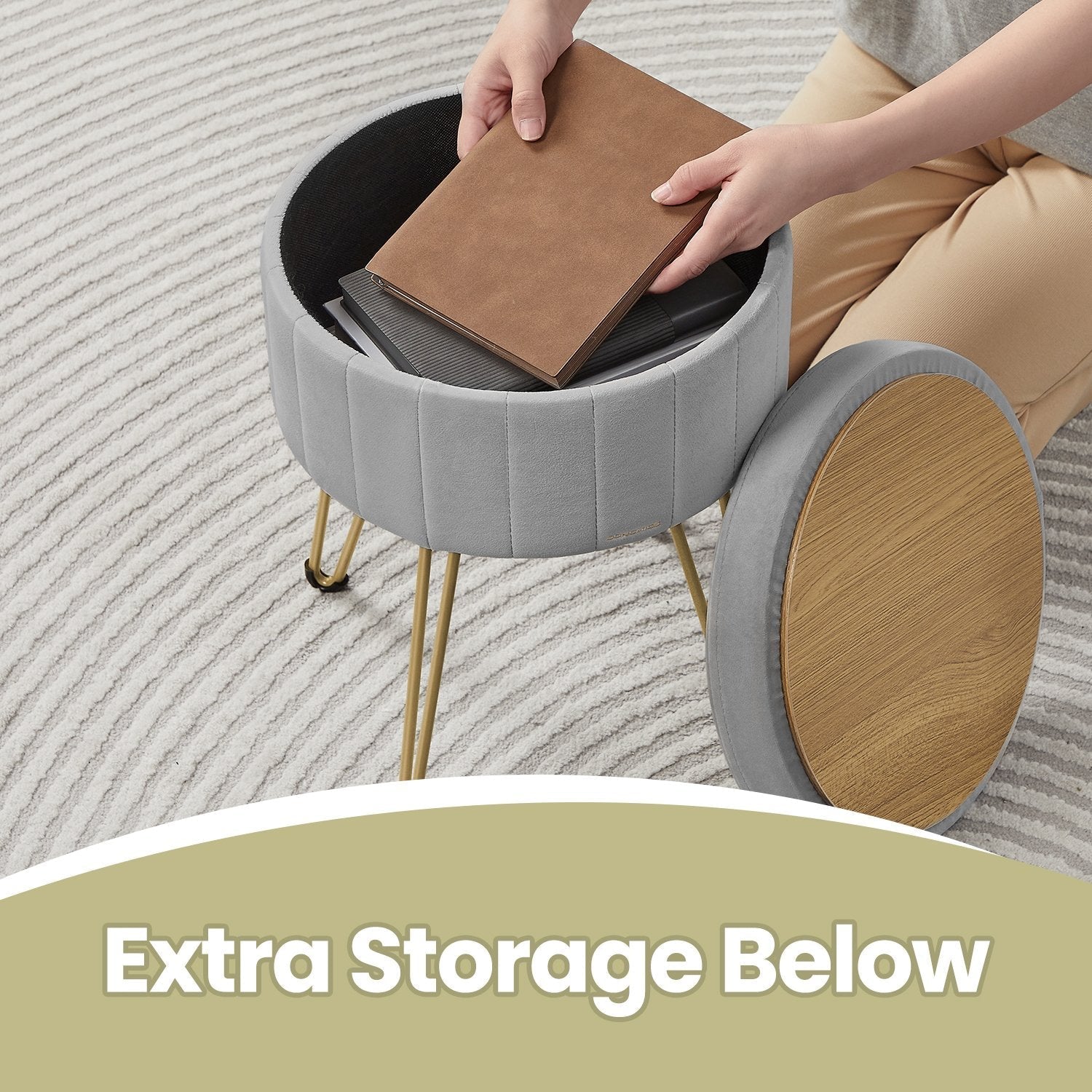 Velvet Makeup Stool - Round with Storage - Ink Black