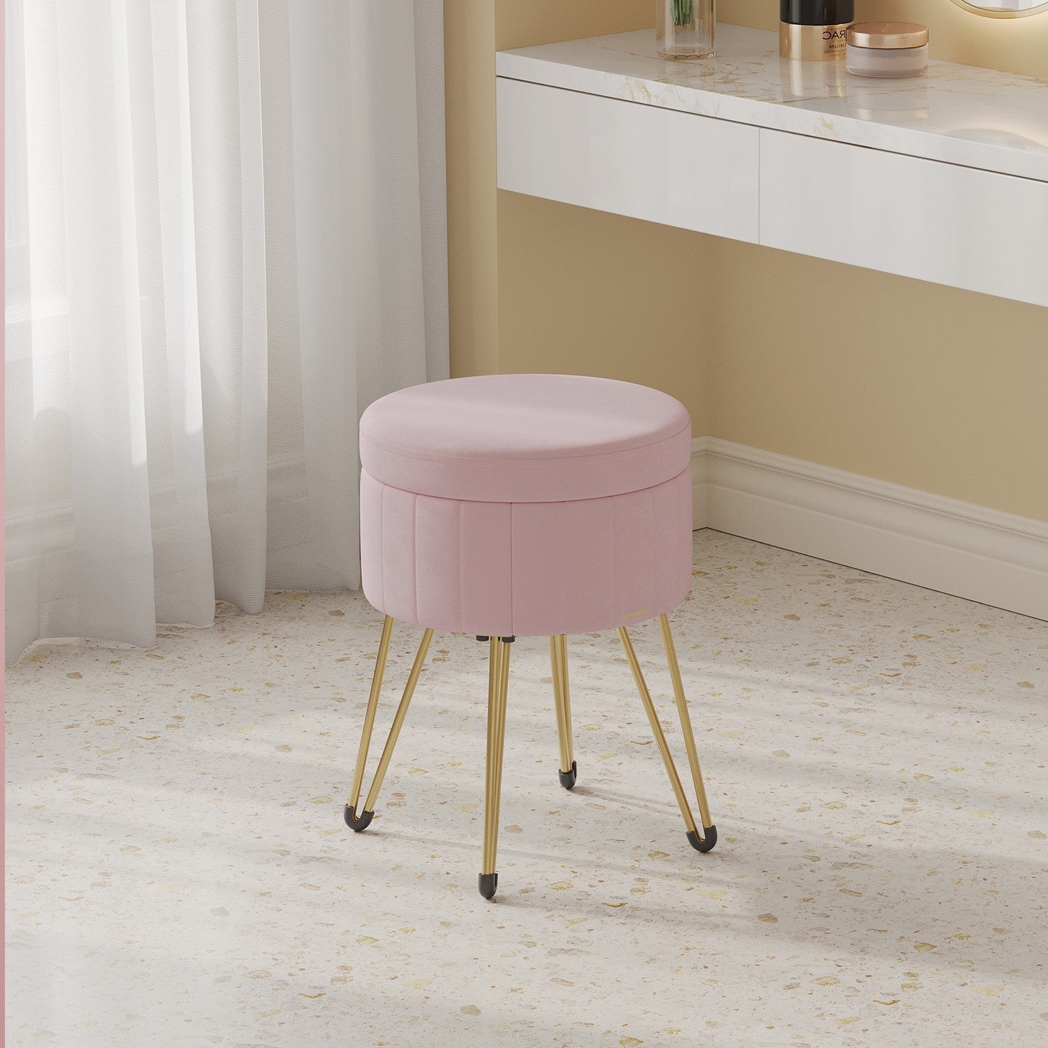 Velvet Makeup Stool - Round with Storage - Ink Black