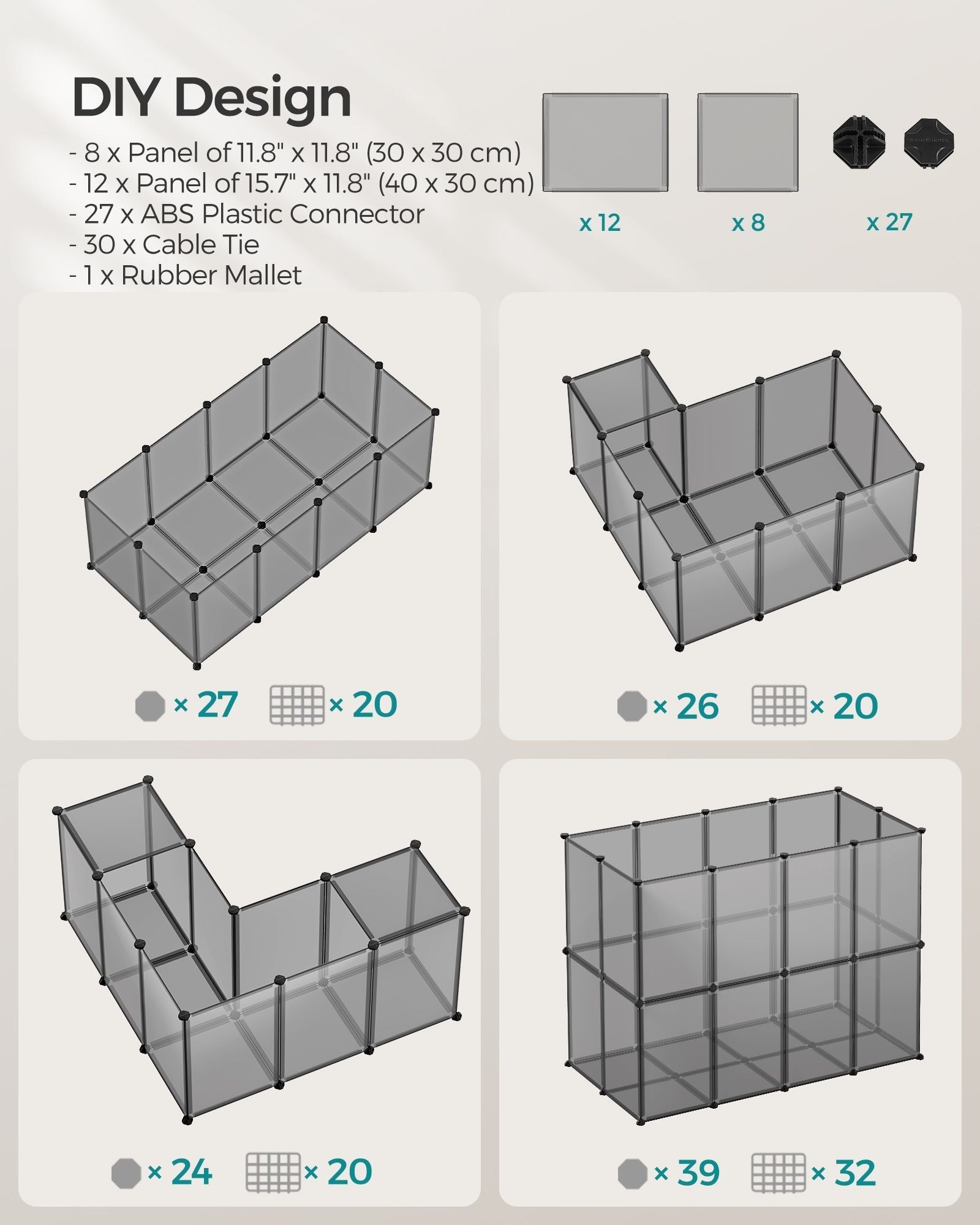 Pet Exercise Playpen - Metal - Grey - 20 Panels with Floor for Small Animals