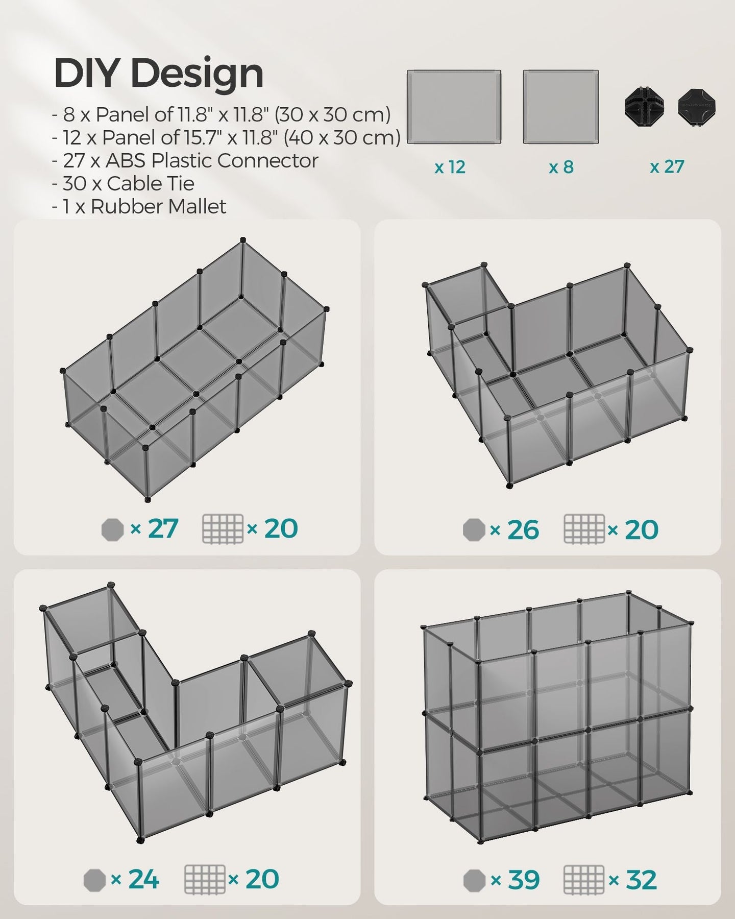 Pet Exercise Playpen - Metal - Grey - 20 Panels with Floor for Small Animals