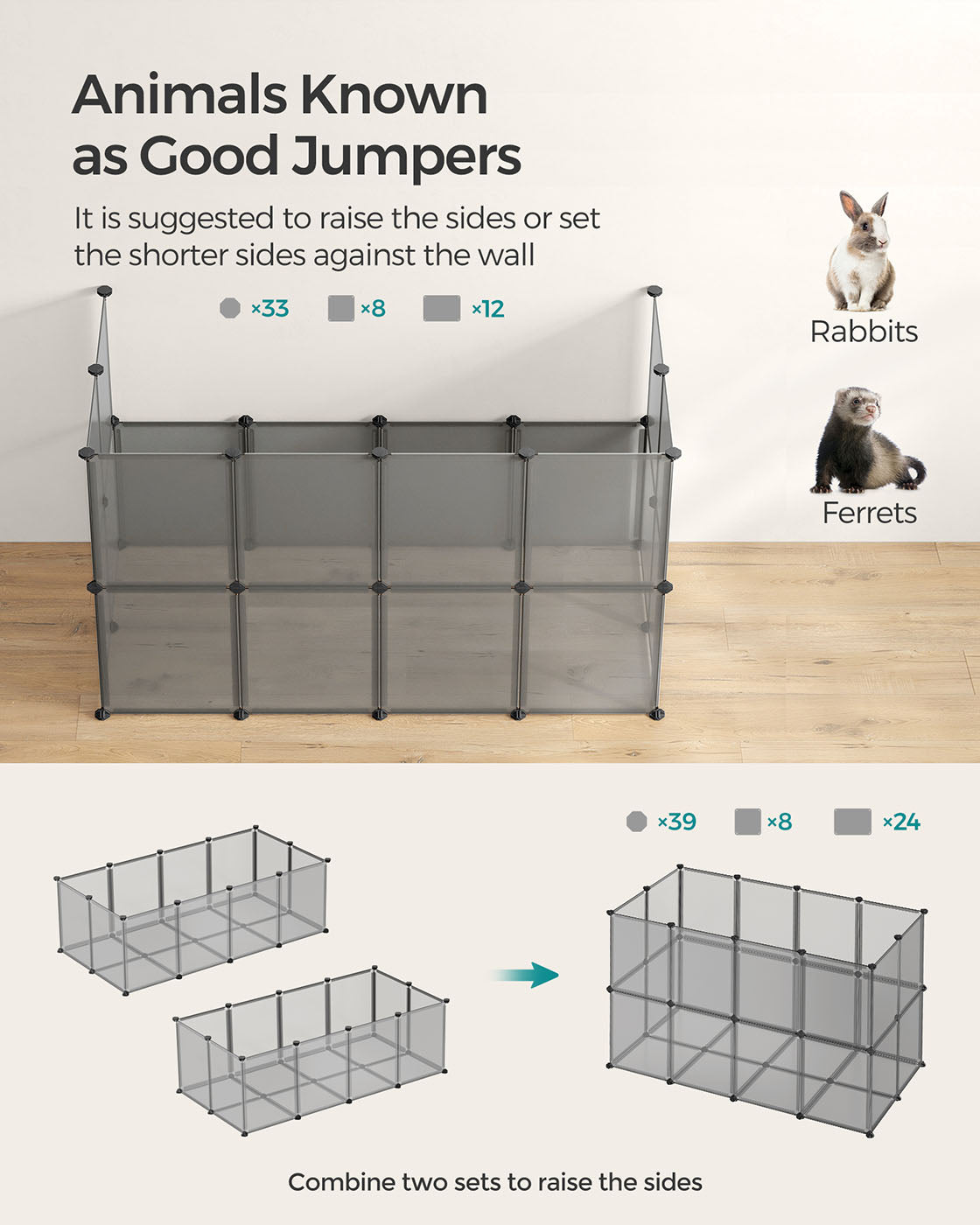 Pet Exercise Playpen - Metal - Grey - 20 Panels with Floor for Small Animals