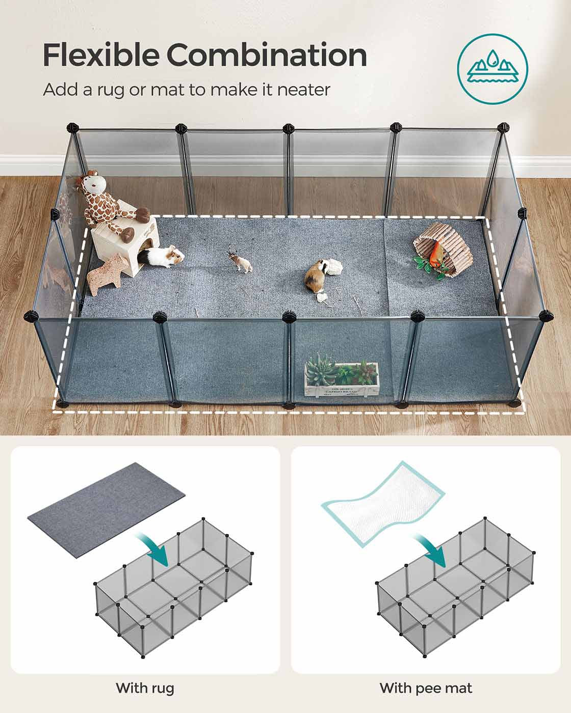 Pet Exercise Playpen - Metal - Grey - 20 Panels with Floor for Small Animals