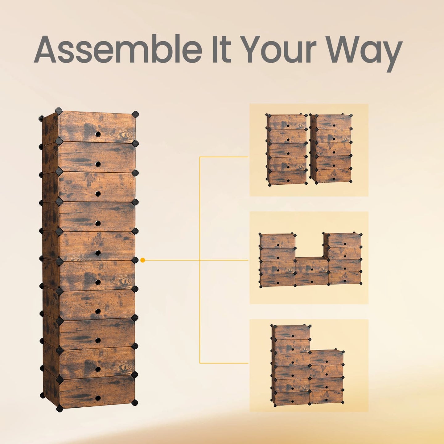 Modular Shoe Storage Shelf - 10-Tier with Doors - Plastic - Rustic Brown