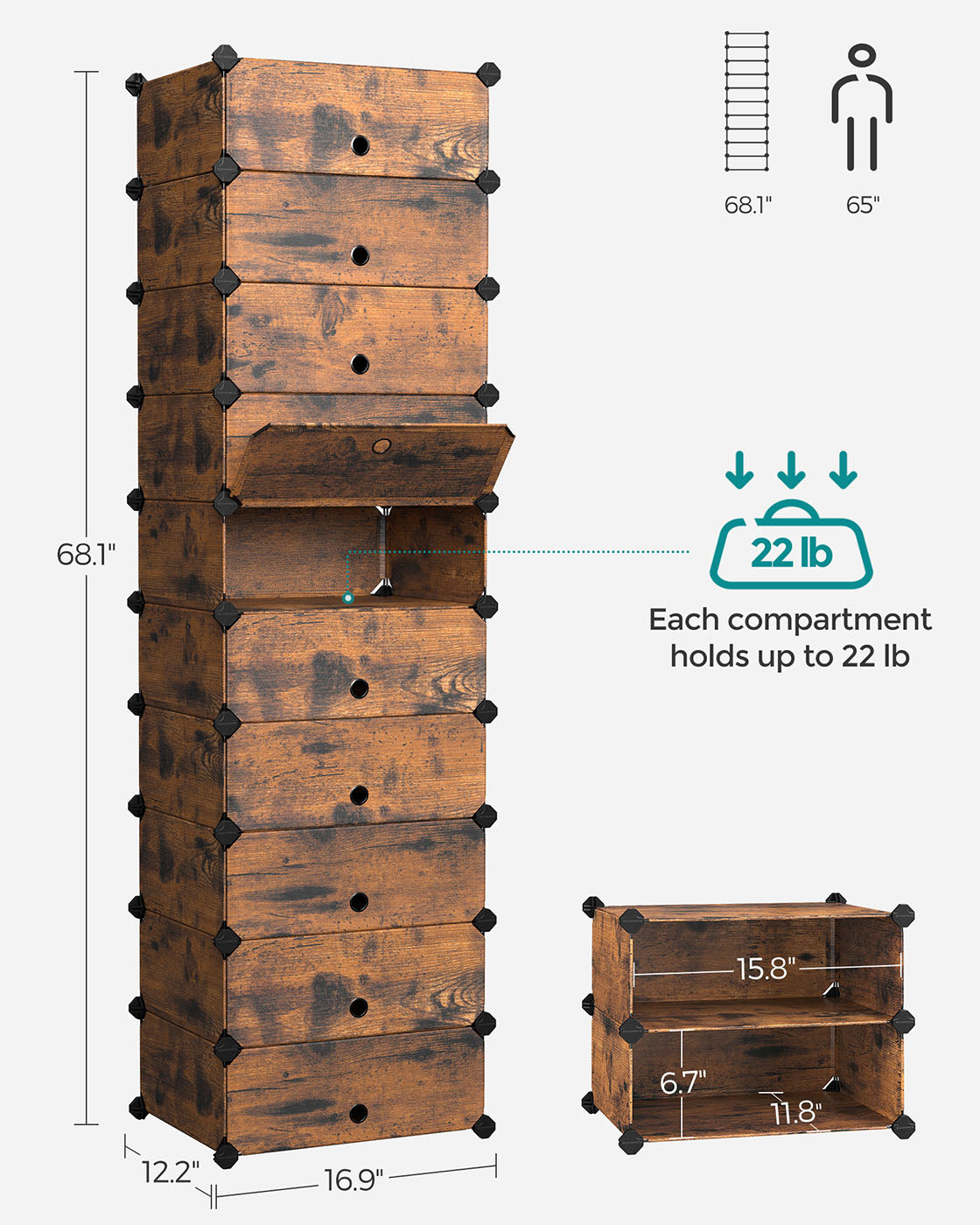 Shoe Rack - Plastic - Rustic Brown - 10-Slot Modular Storage Unit