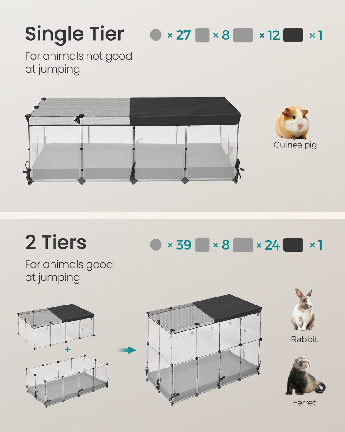 Small Animal Playpen - 144L - PP Plastic - Semi-Transparent Panels - Breathable Top