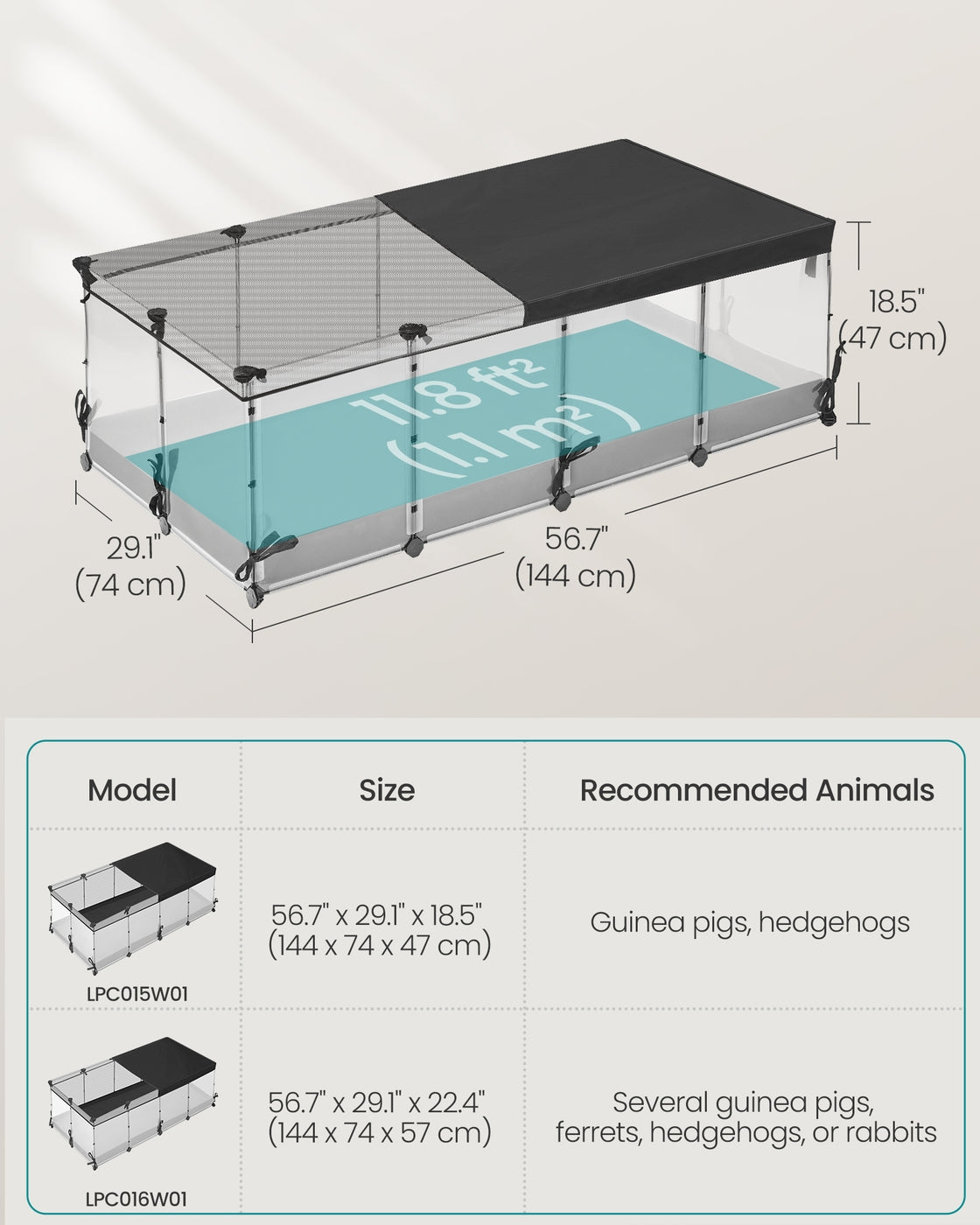 Small Animal Playpen - 144L - PP Plastic - Semi-Transparent Panels - Breathable Top