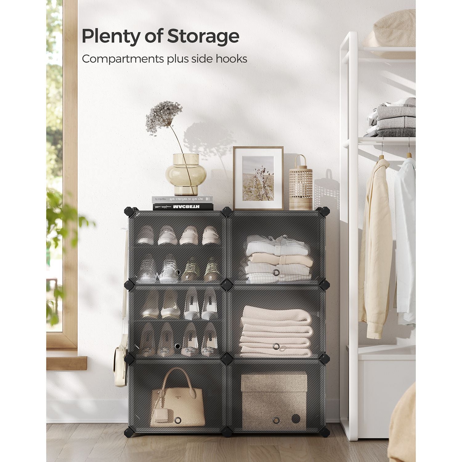 Shoe Rack - Plastic - Black - Modular 6-Slot Storage with Doors