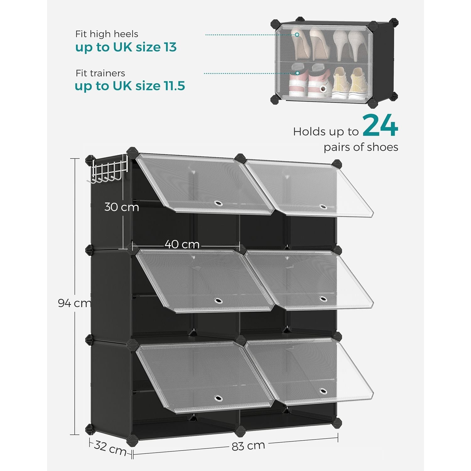 Shoe Rack - Plastic - Black - Modular 6-Slot Storage with Doors