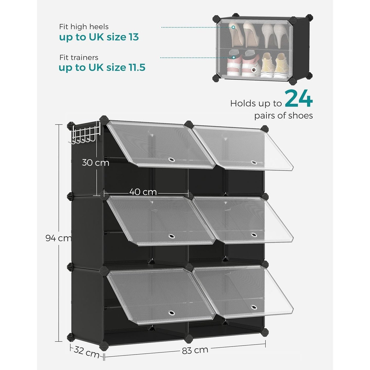 Shoe Rack - Plastic - Black - Modular 6-Slot Storage with Doors