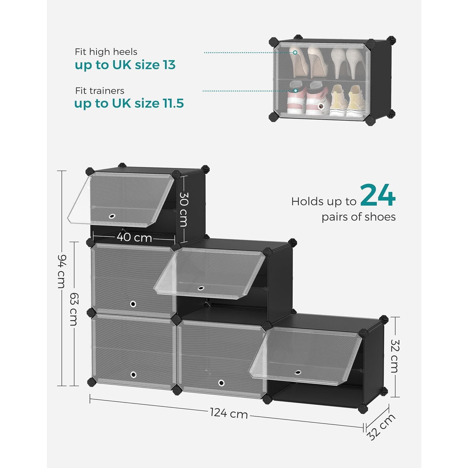 Shoe Rack - Plastic - Black - Modular 6-Slot Storage with Doors