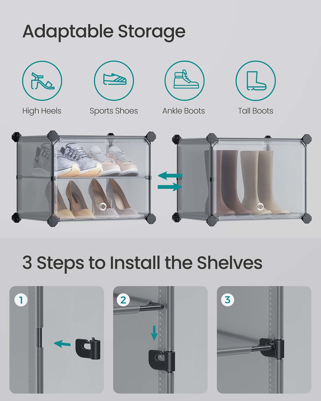 Shoe Rack - Plastic - Slate Grey - Interlocking 6-Slot Storage Unit with Doors