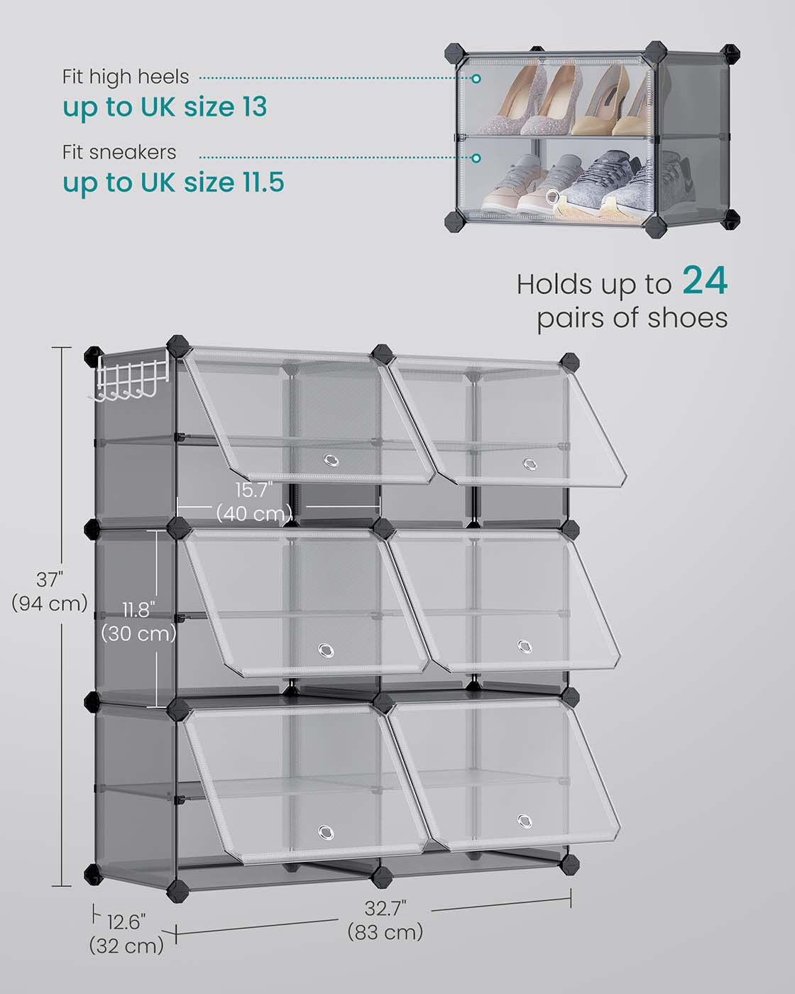 Shoe Rack - Plastic - Slate Grey - Interlocking 6-Slot Storage Unit with Doors
