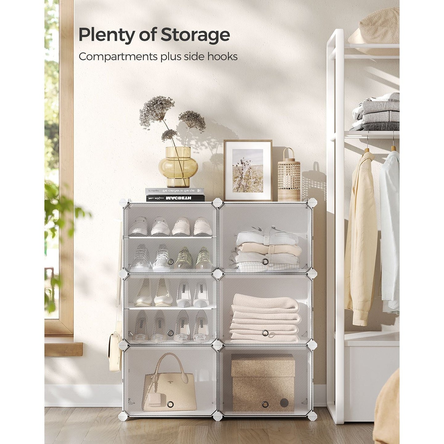 Shoe Rack - Plastic - White and Black - 6-Slot Modular Design with Doors