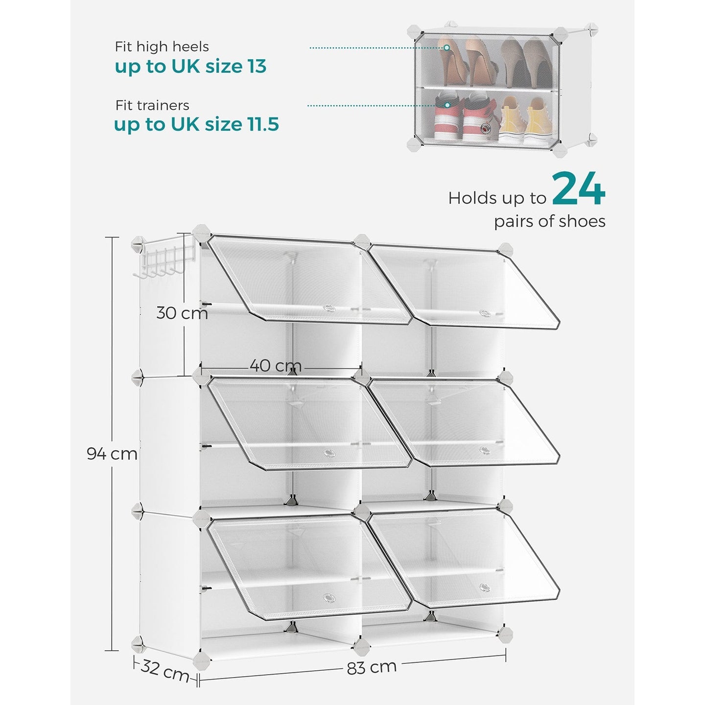 Shoe Rack - Plastic - White and Black - 6-Slot Modular Design with Doors