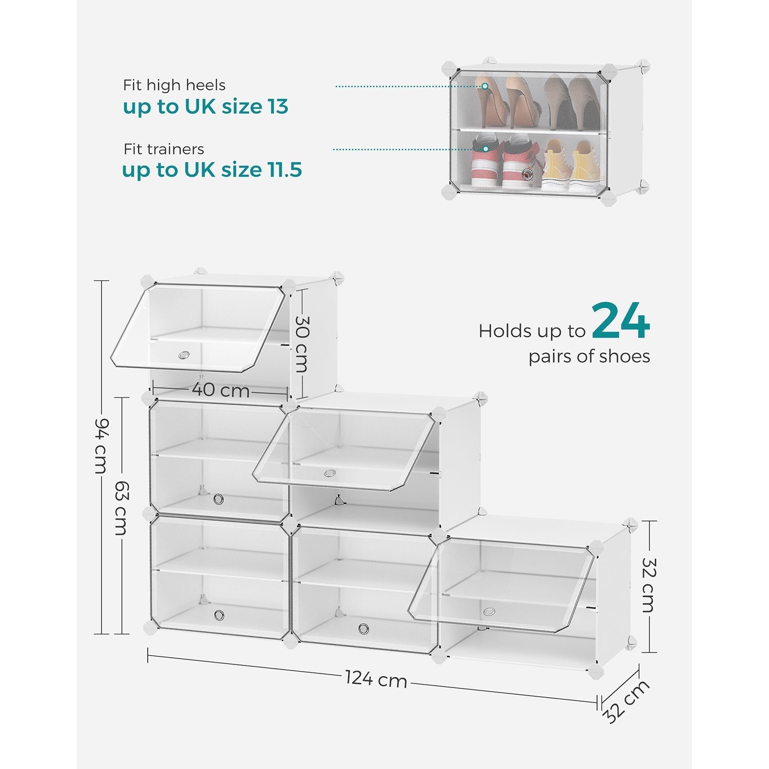 Shoe Rack - Plastic - White and Black - 6-Slot Modular Design with Doors