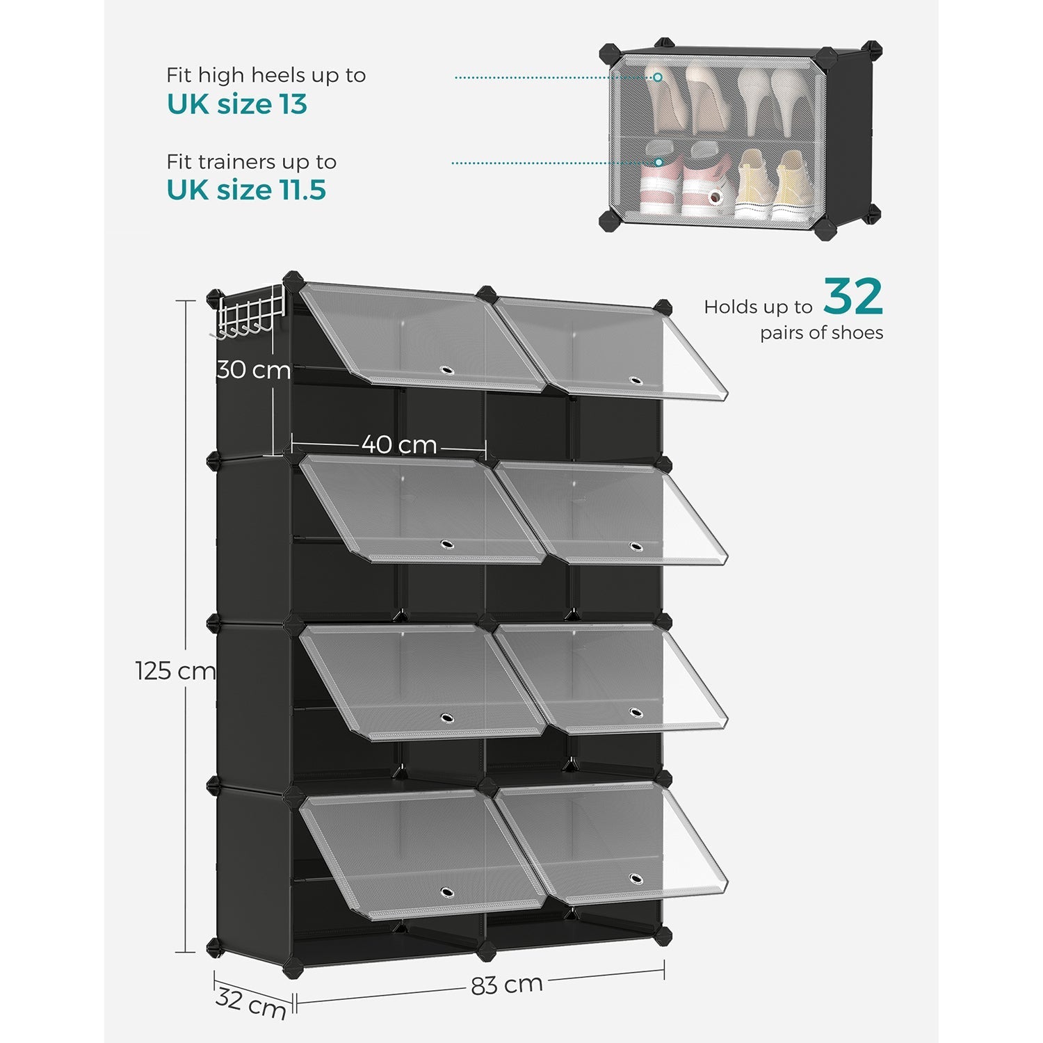 Modular Shoe Storage Cabinet - 8-Slot with Doors - Plastic - Black